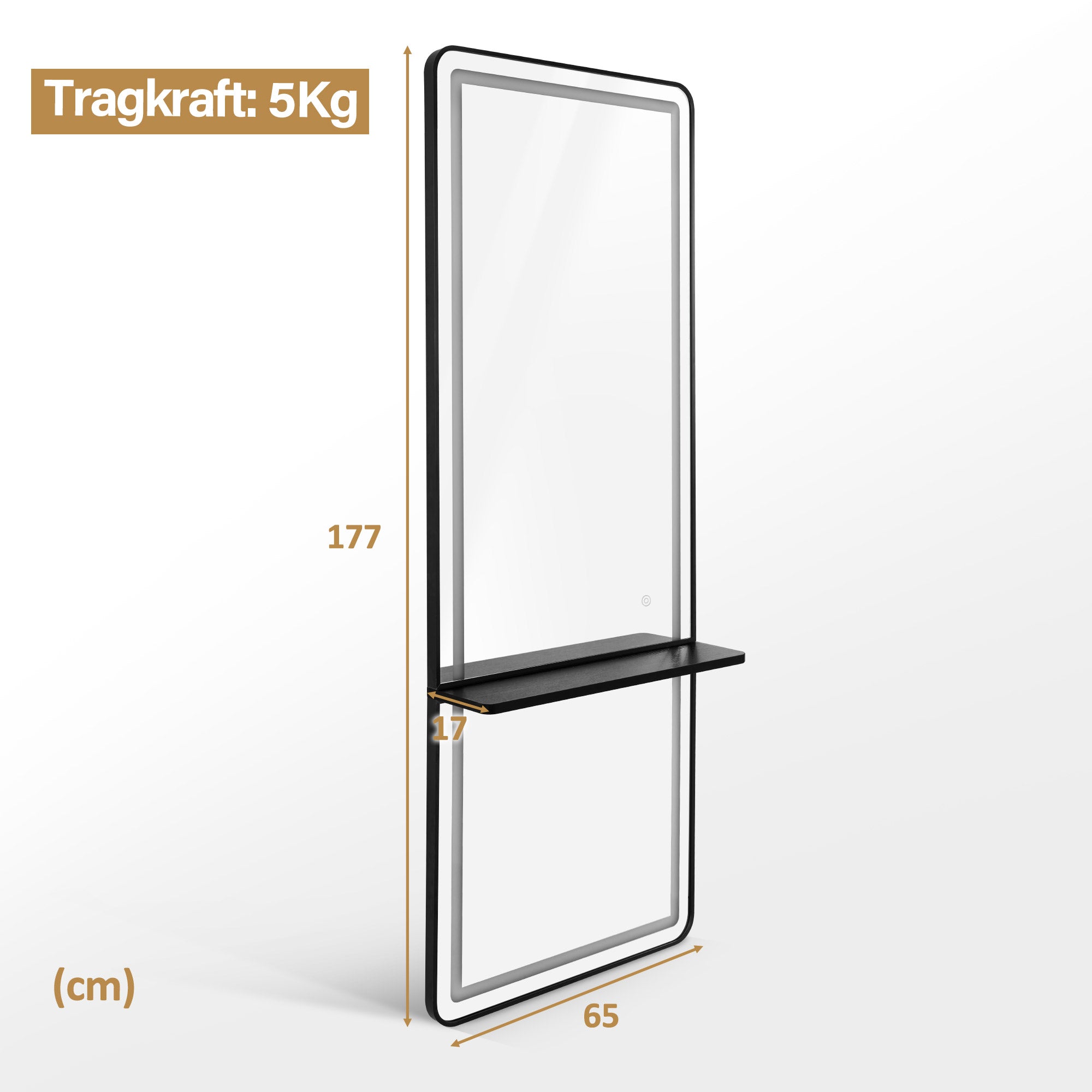 Wandspiegel met LED Verlichting, Aluminium Frame, Lange Spiegel met Plank, Touch-Schakelaar, 3 Dimbare Lichtkleuren, 17x65x177 cm – foto 9
