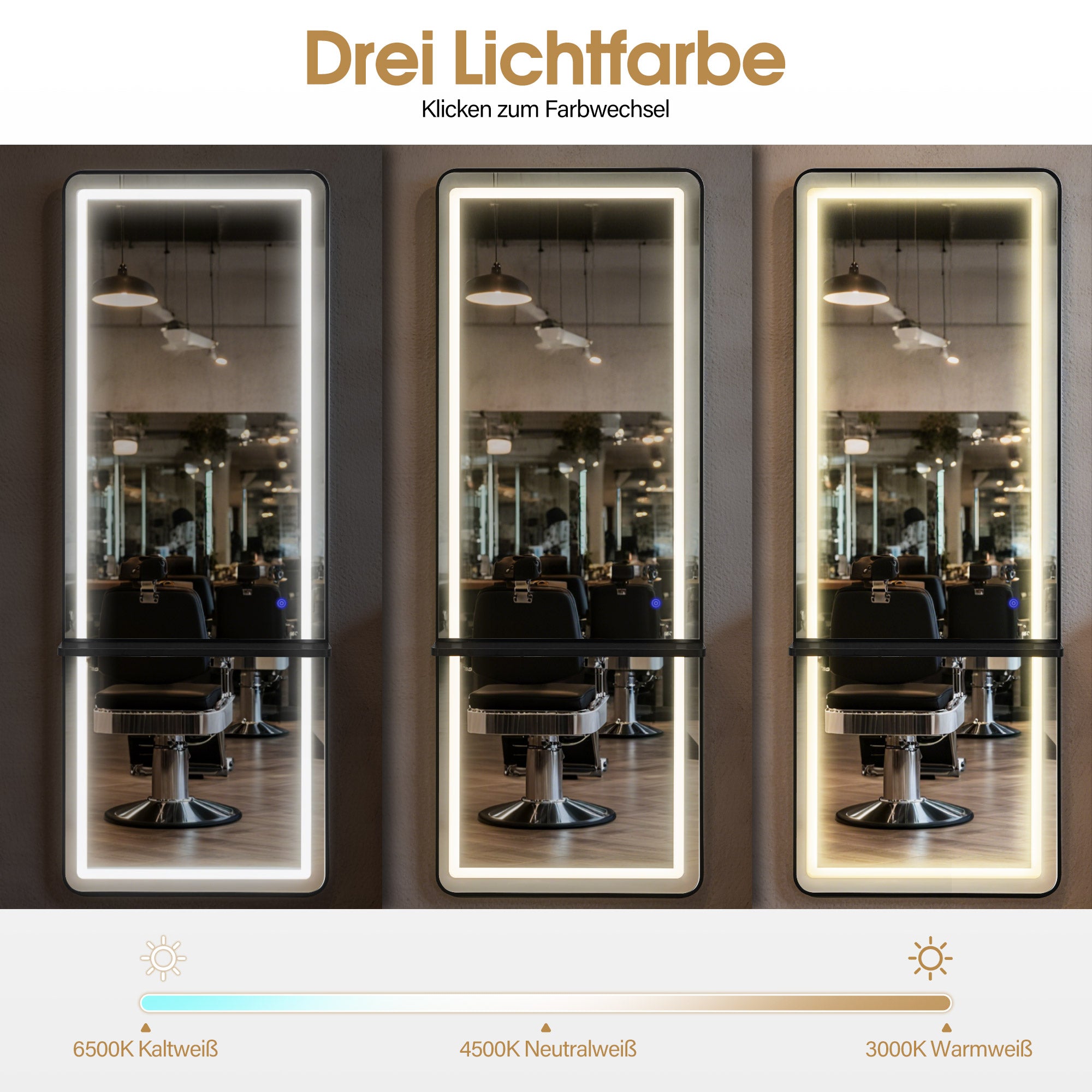 Wandspiegel met LED Verlichting, Aluminium Frame, Lange Spiegel met Plank, Touch-Schakelaar, 3 Dimbare Lichtkleuren, 17x65x177 cm – foto 10