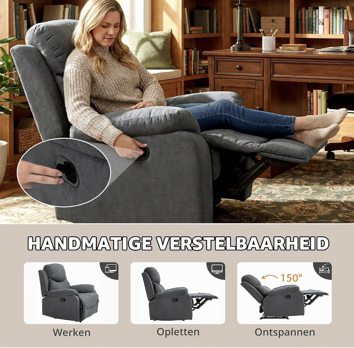 MARA Luxe Relaxstoel met ligfunctie – kantelbaar tot 150° – grijs linnen – foto 2