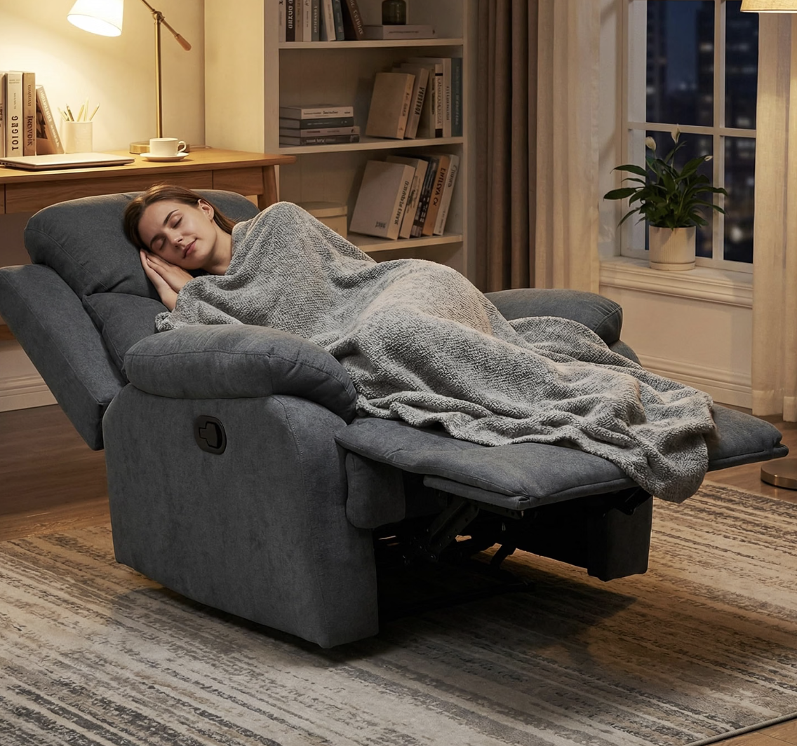 MARA Luxe Relaxstoel met ligfunctie – kantelbaar tot 150° – grijs linnen – foto 4