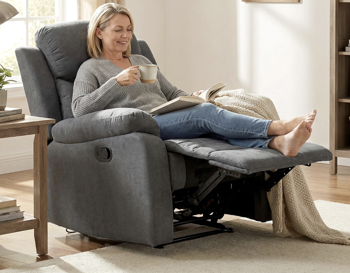 MARA Luxe Relaxstoel met ligfunctie – kantelbaar tot 150° – grijs linnen – foto 5
