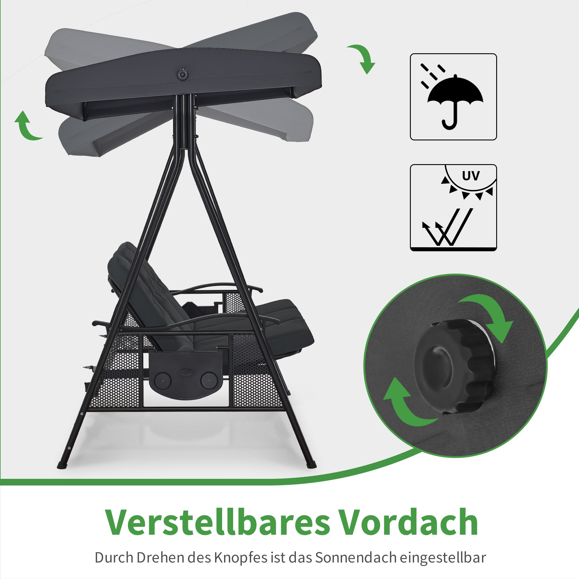 3-Zits Hollywoodschommel, Tuin loungeset weerbestendig, met zonnescherm – foto 12