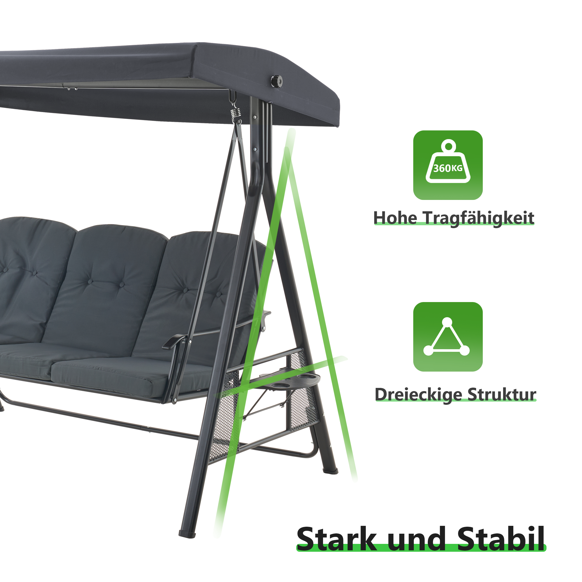 3-Zits Hollywoodschommel, Tuin loungeset weerbestendig, met zonnescherm – foto 3