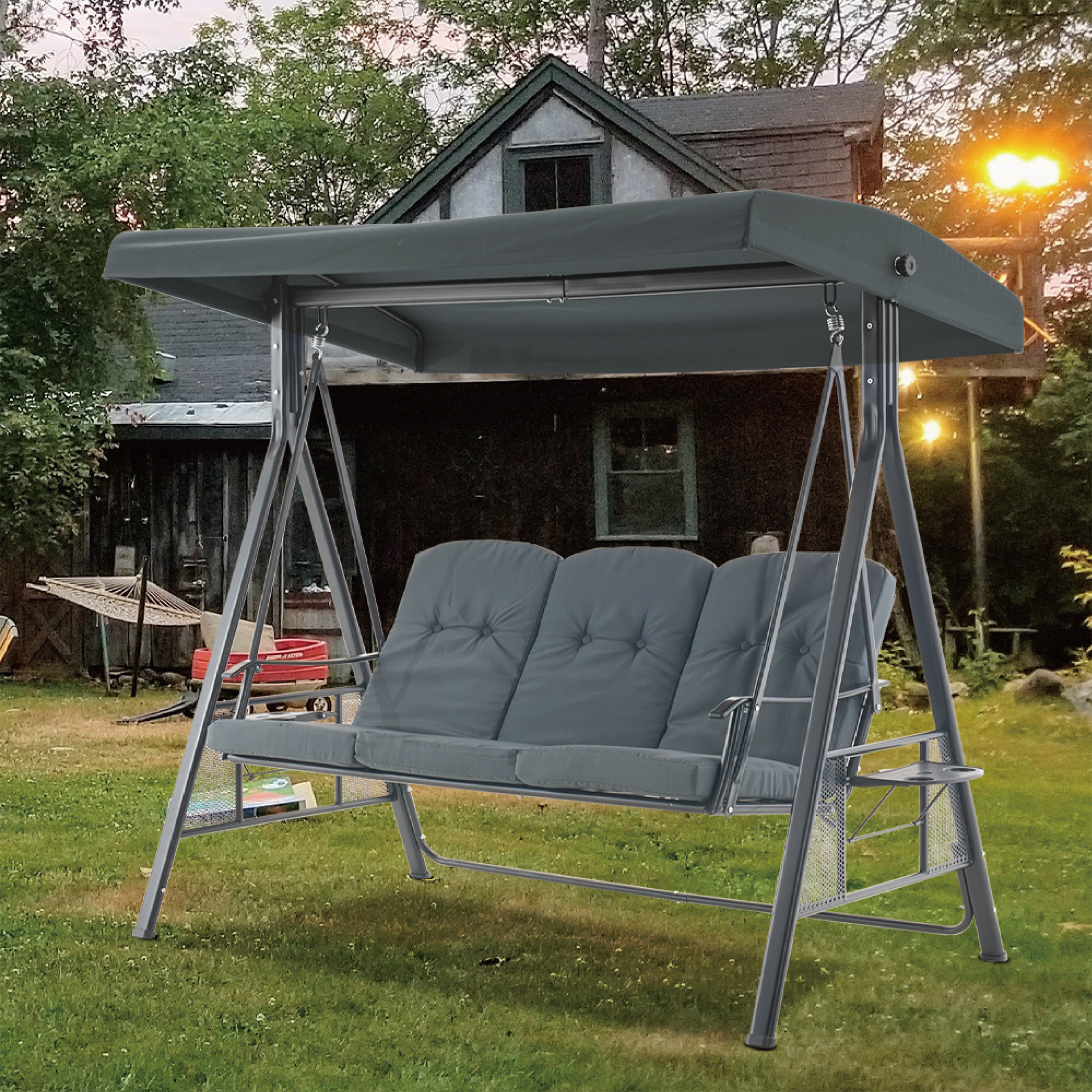 3-Zits Hollywoodschommel, Tuin loungeset weerbestendig, met zonnescherm – foto 7