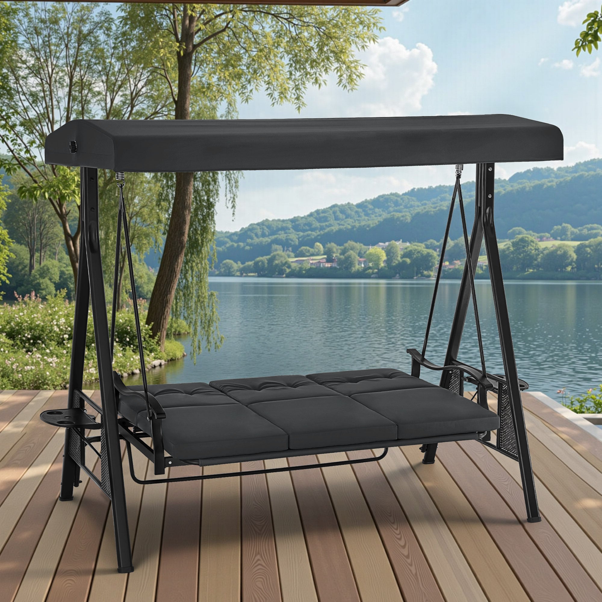 3-Zits Hollywoodschommel, Tuin loungeset weerbestendig, met zonnescherm – foto 9