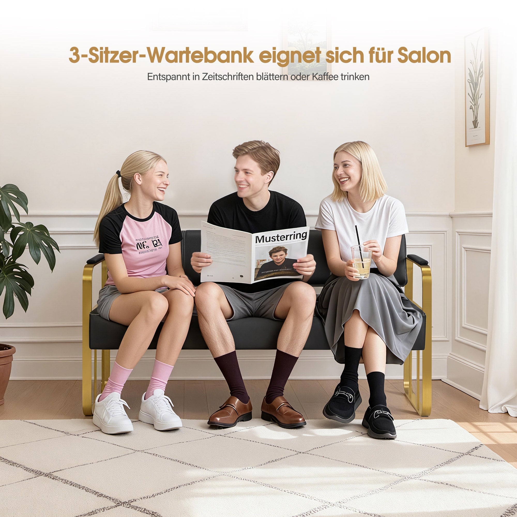 3-zits wachtbank met armleuning & rugleuning, gestoffeerd, W528 – foto 5