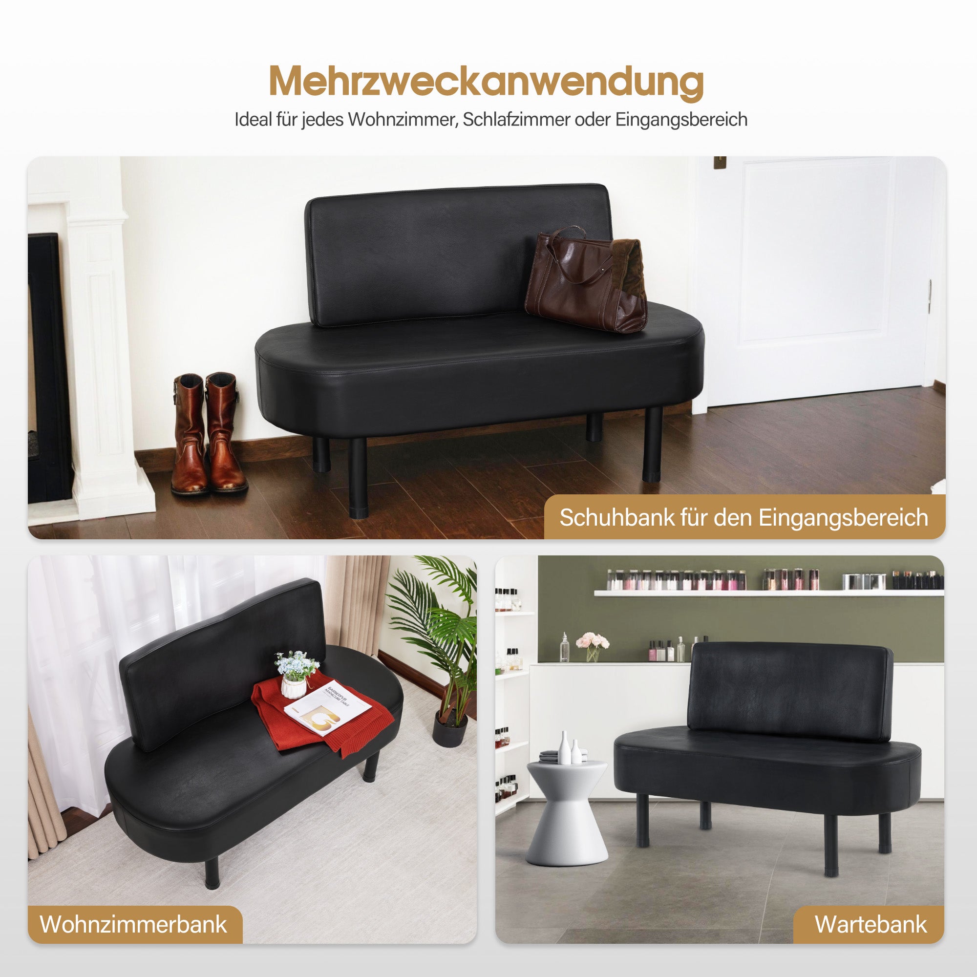 3-zits bank met rugleuning, 130 cm wachtbankje (zwart/kunstleer) – foto 5