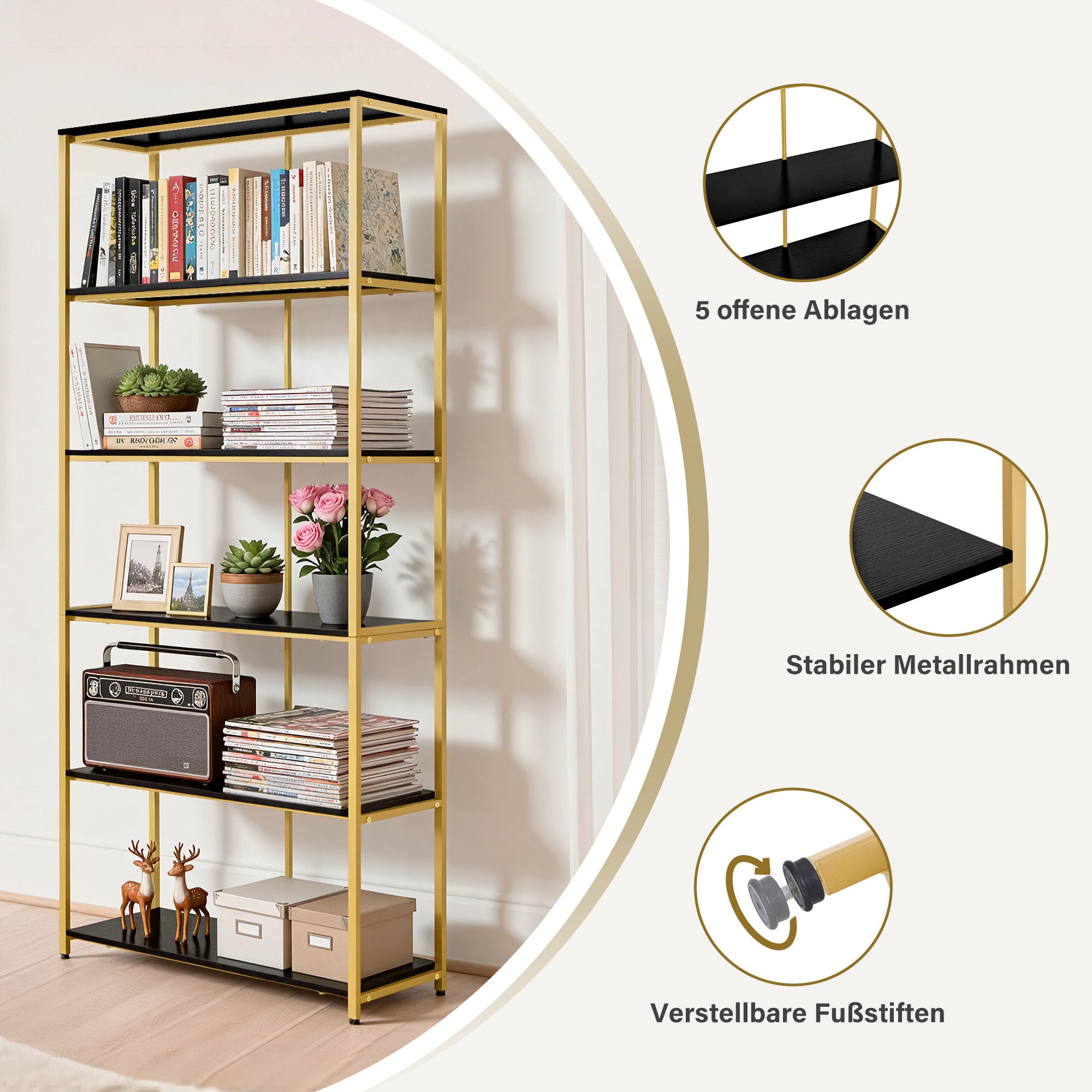 Boekenkast Goud - 5 Niveaus, Industriële Stijl met Metalen Frame, 30x80x180cm – foto 11