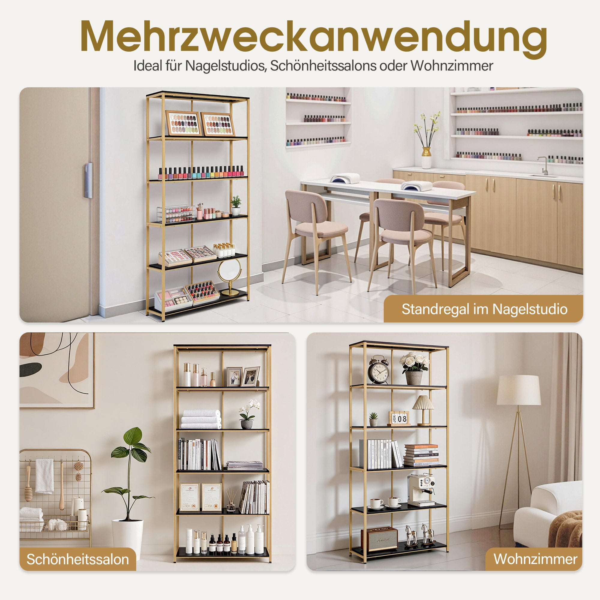 Boekenkast Goud - 5 Niveaus, Industriële Stijl met Metalen Frame, 30x80x180cm – foto 12