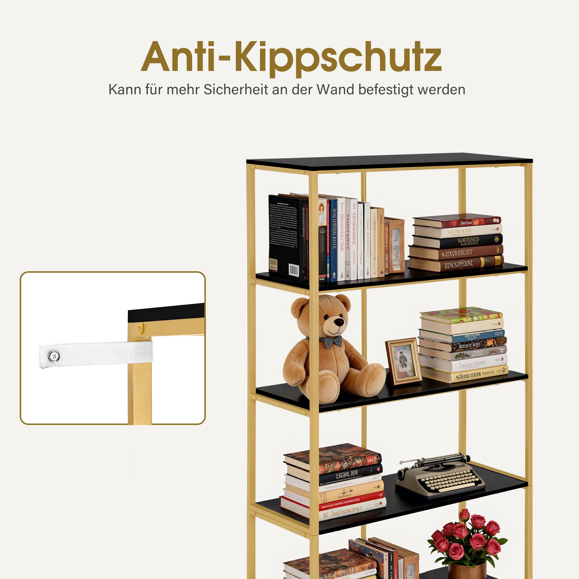 Boekenkast Goud - 5 Niveaus, Industriële Stijl met Metalen Frame, 30x80x180cm – foto 13
