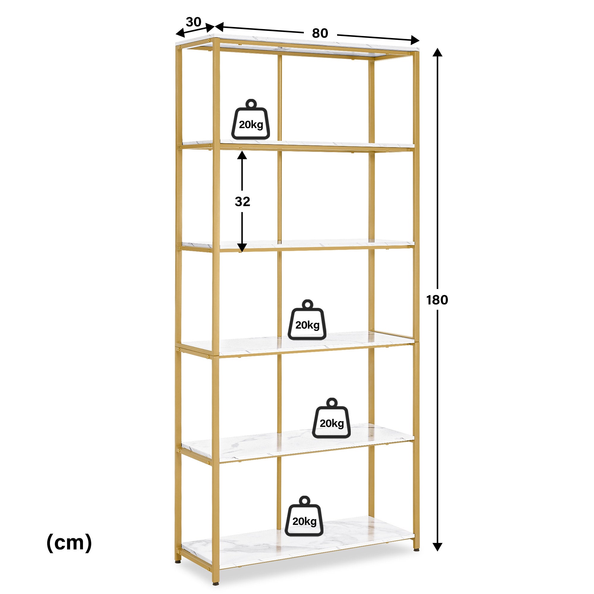 Boekenkast Goud - 5 Niveaus, Industriële Stijl met Metalen Frame, 30x80x180cm – foto 3