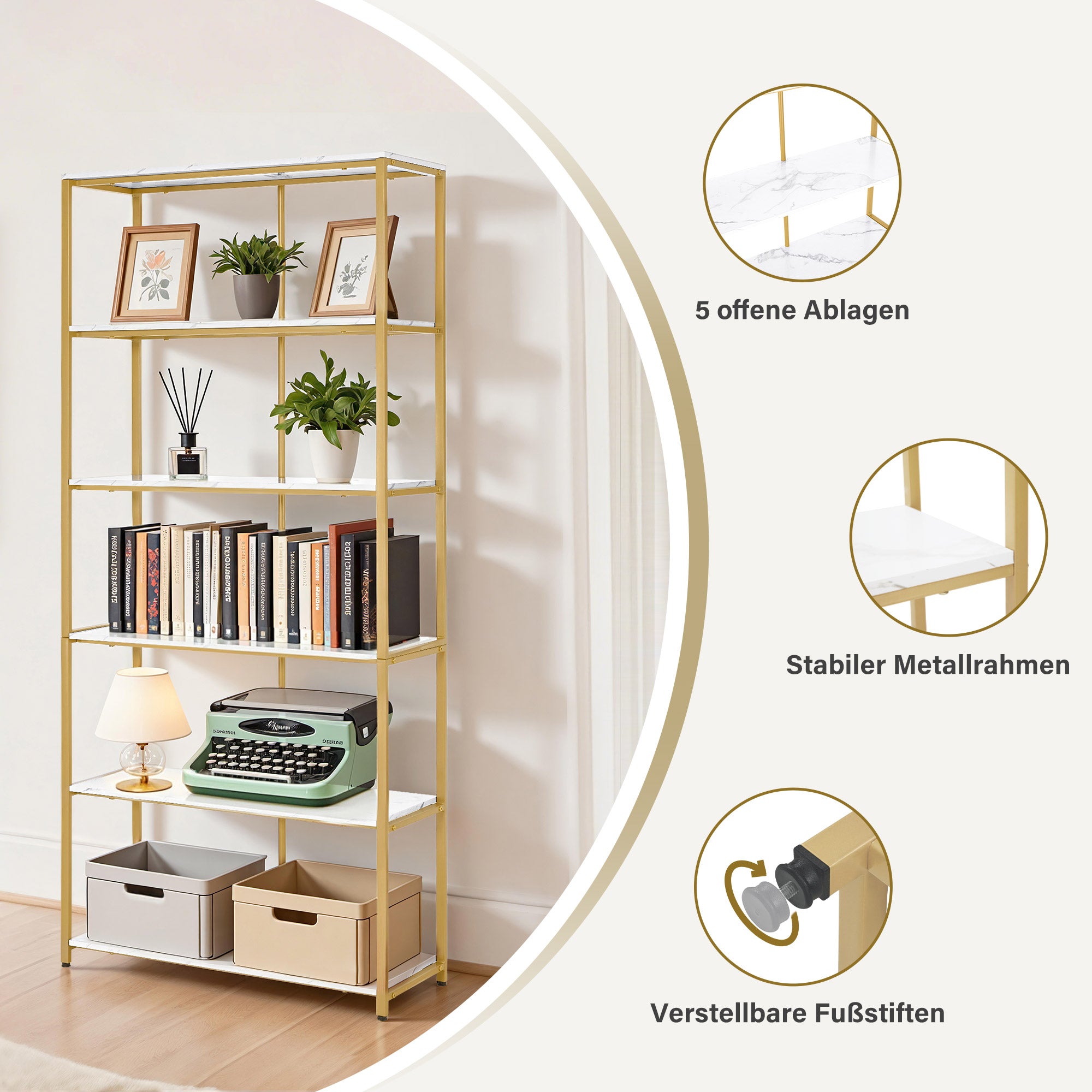 Boekenkast Goud - 5 Niveaus, Industriële Stijl met Metalen Frame, 30x80x180cm – foto 4
