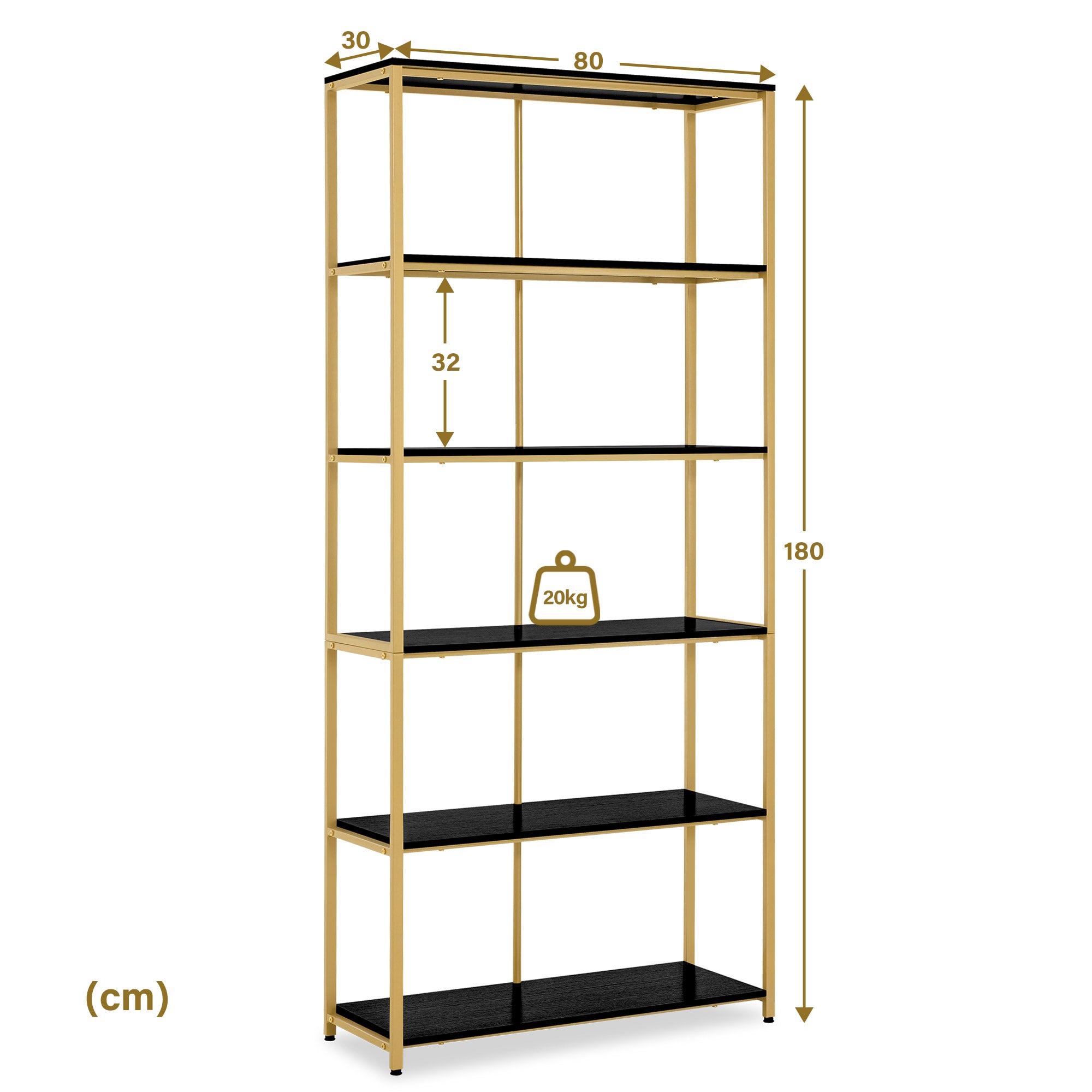 Boekenkast Goud - 5 Niveaus, Industriële Stijl met Metalen Frame, 30x80x180cm – foto 9