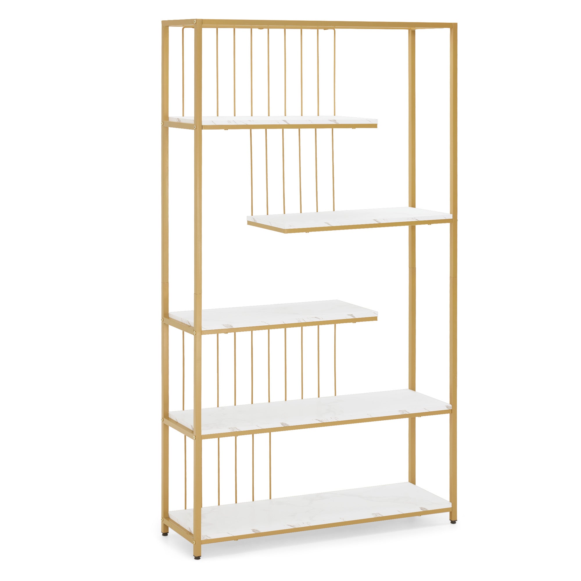 Boekenkast, staand rek met 5 niveaus, metaal, marmer-wit/goud, 30x100x180cm, 5177 – foto 1