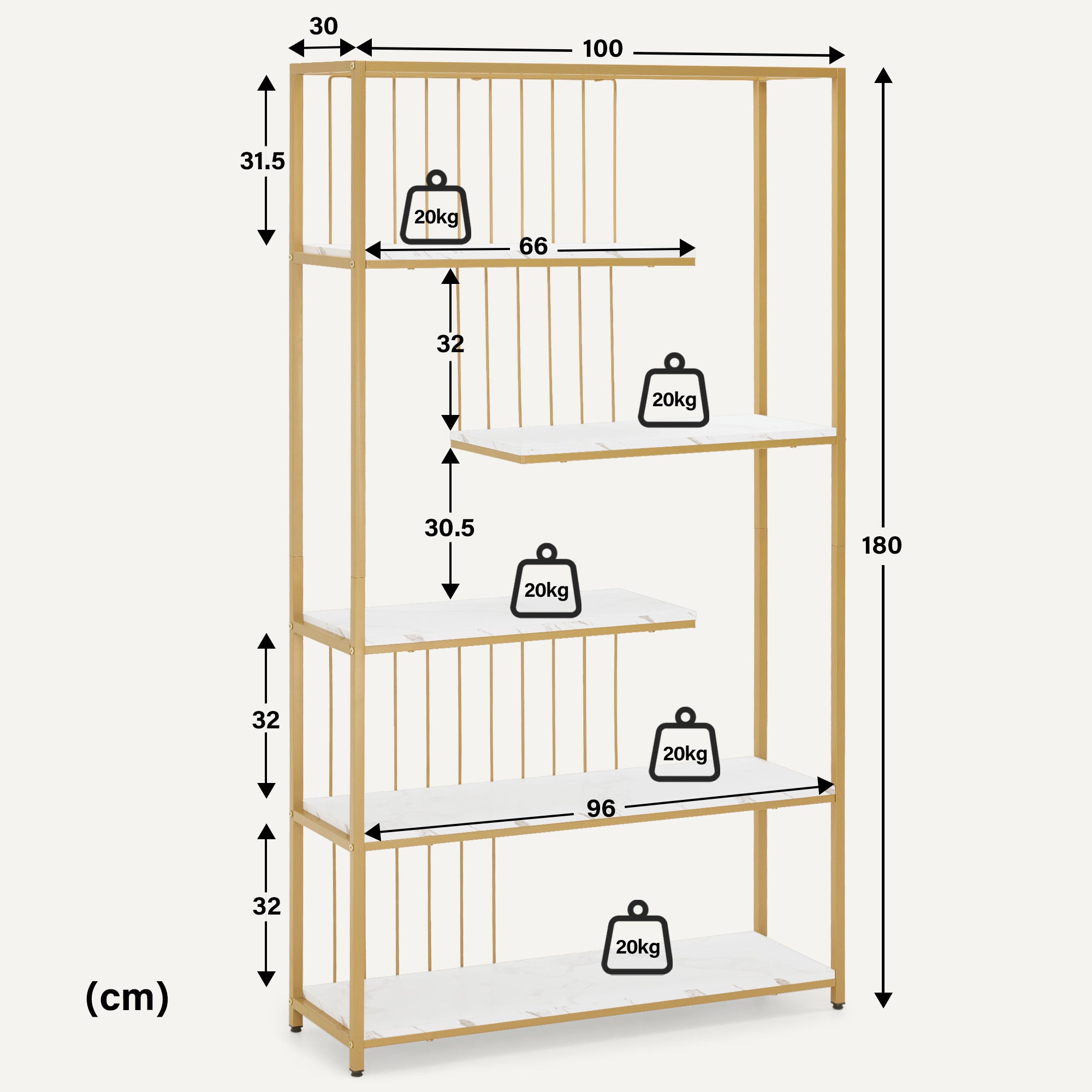 Boekenkast, staand rek met 5 niveaus, metaal, marmer-wit/goud, 30x100x180cm, 5177 – foto 3