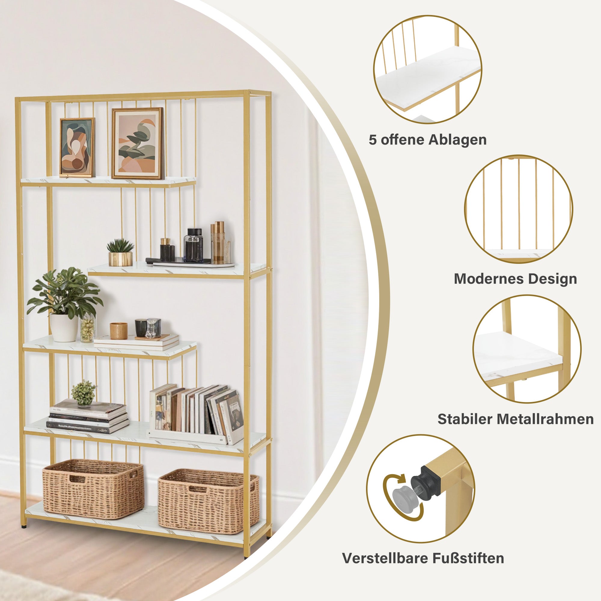 Boekenkast, staand rek met 5 niveaus, metaal, marmer-wit/goud, 30x100x180cm, 5177 – foto 4