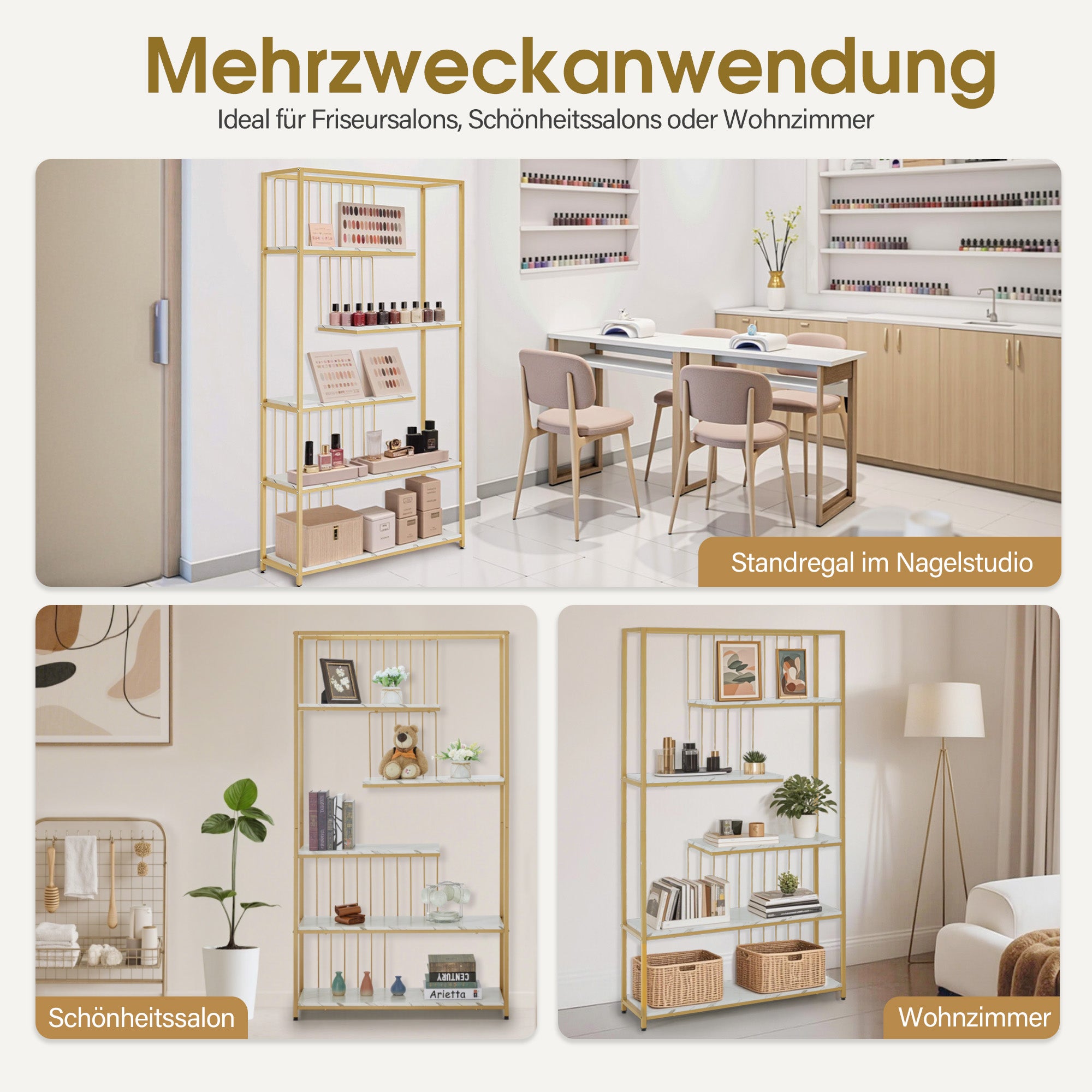 Boekenkast, staand rek met 5 niveaus, metaal, marmer-wit/goud, 30x100x180cm, 5177 – foto 5