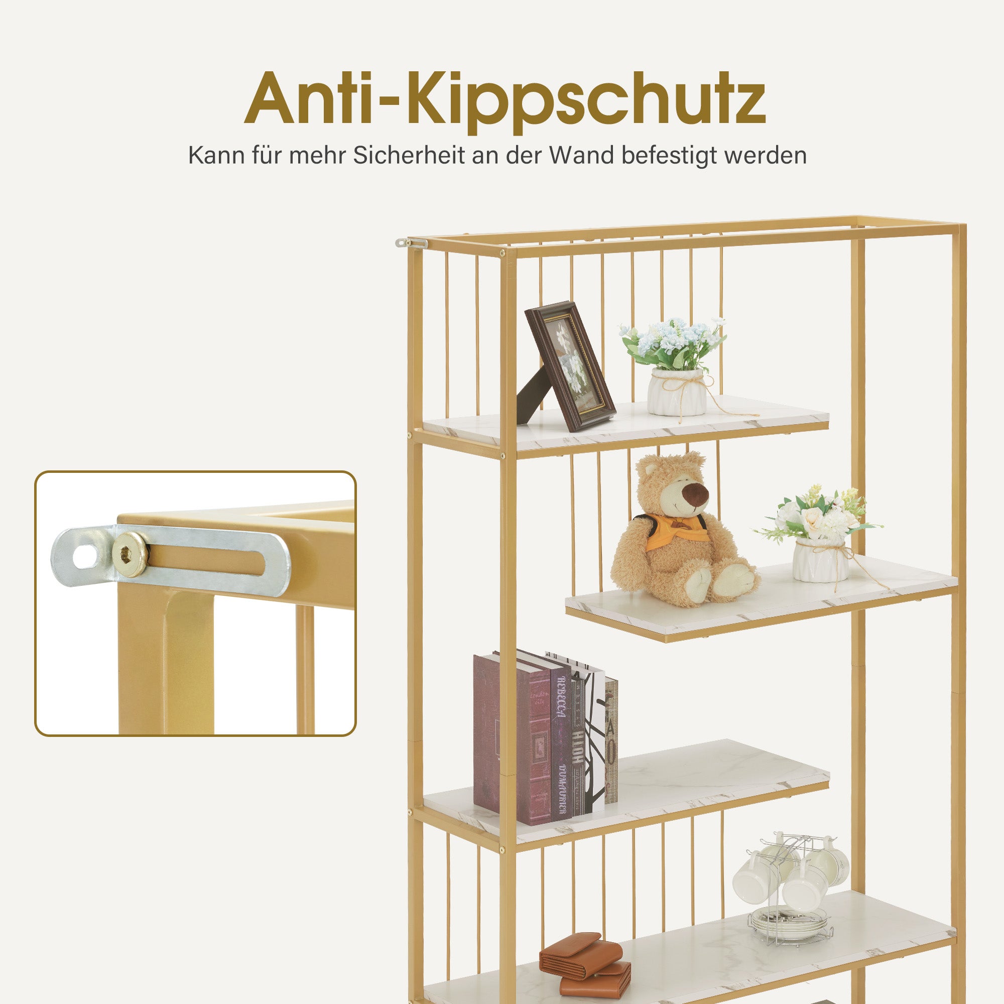 Boekenkast, staand rek met 5 niveaus, metaal, marmer-wit/goud, 30x100x180cm, 5177 – foto 6