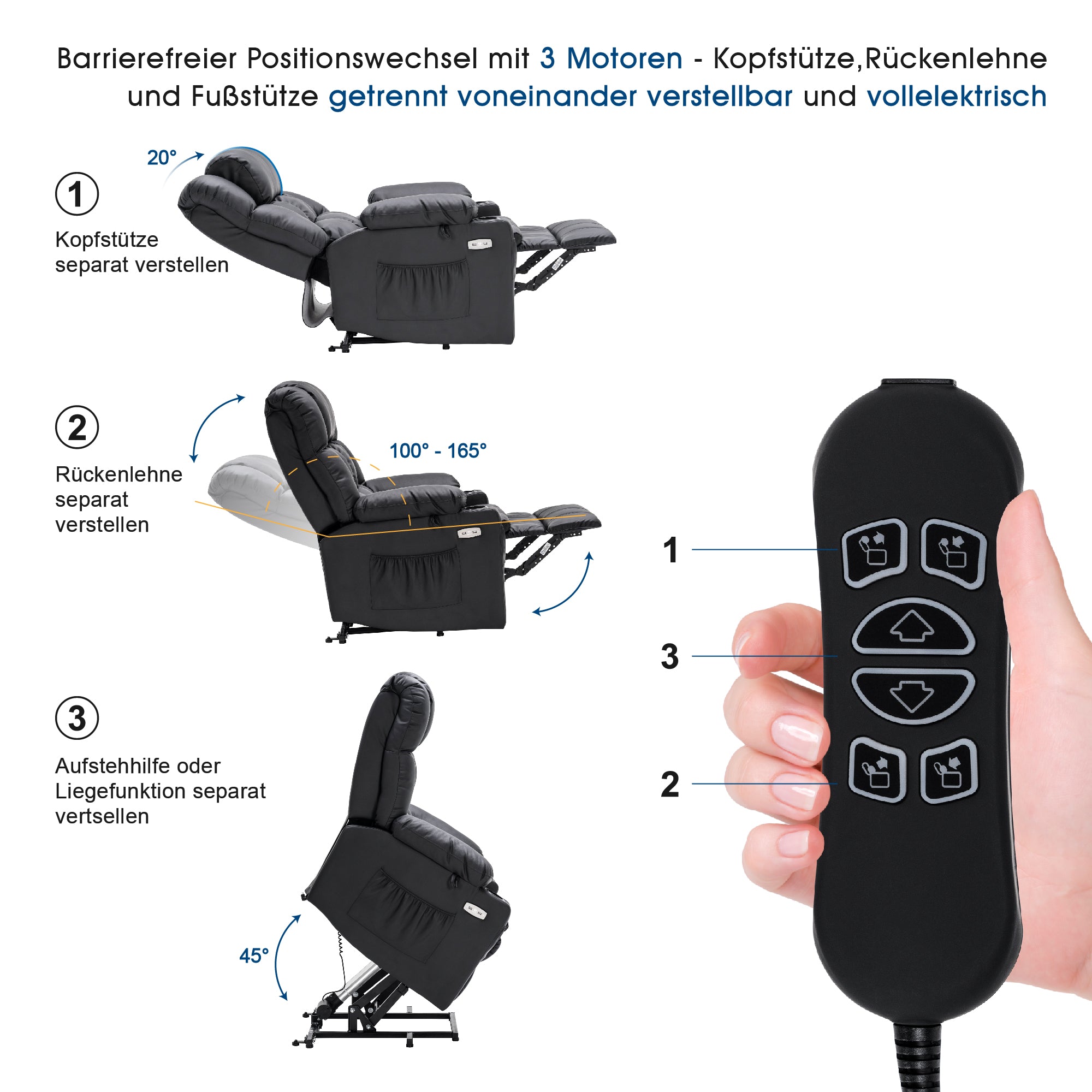 Elektrische Sta-op Relaxfauteuil 7546, 3 Motoren, USB, Tot 165° Ligstand – foto 12