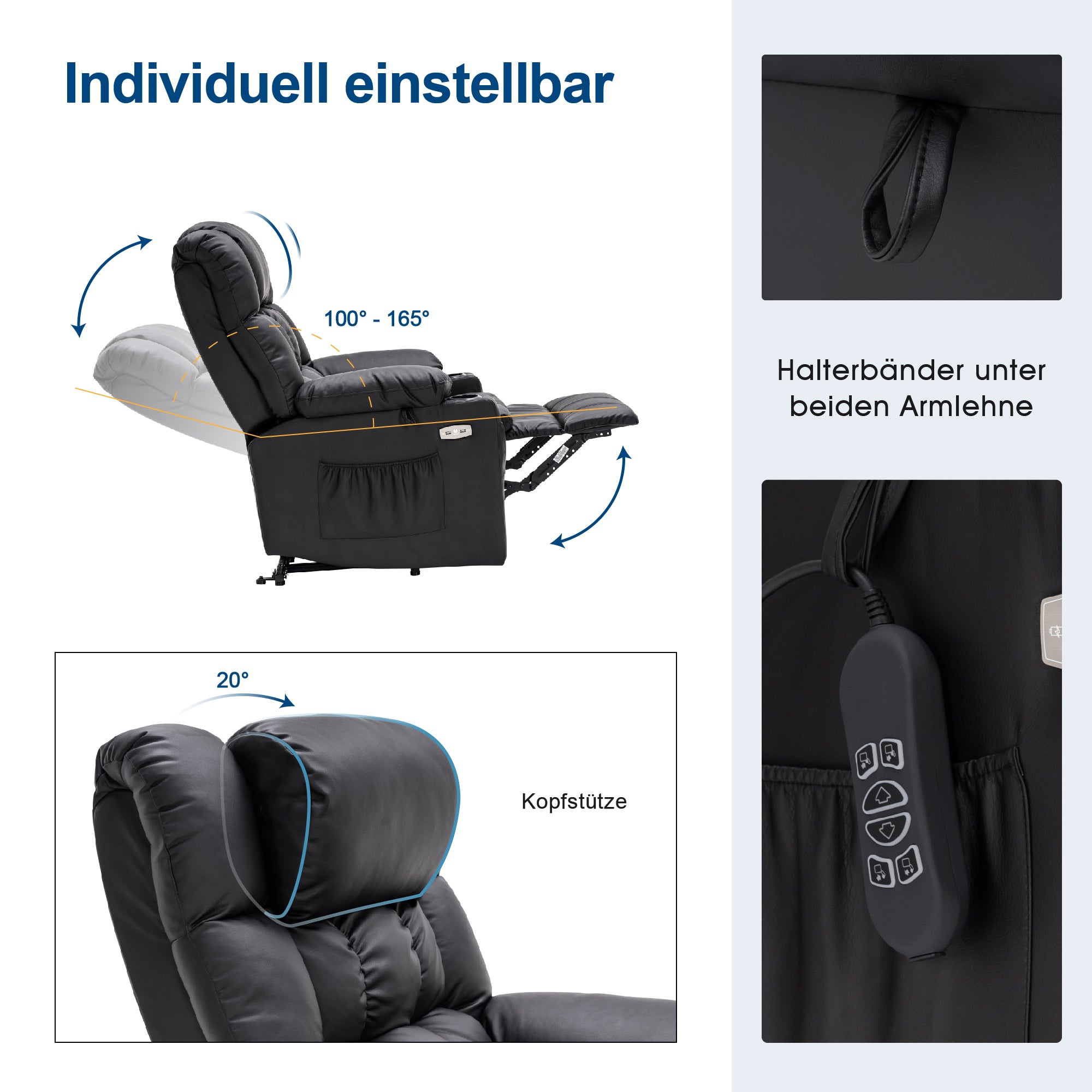 Elektrische Sta-op Relaxfauteuil 7546, 3 Motoren, USB, Tot 165° Ligstand – foto 14