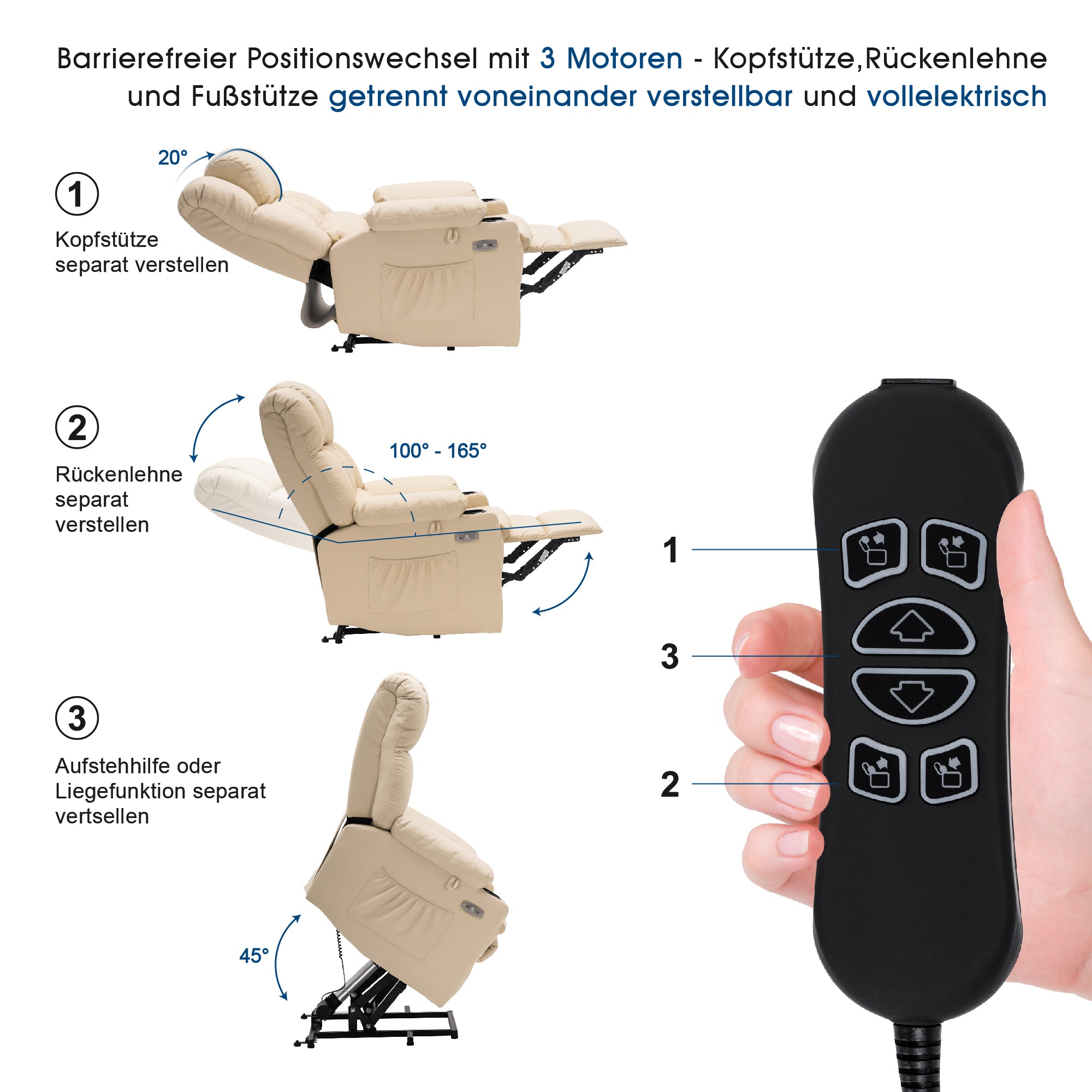 Elektrische Sta-op Relaxfauteuil 7546, 3 Motoren, USB, Tot 165° Ligstand – foto 4