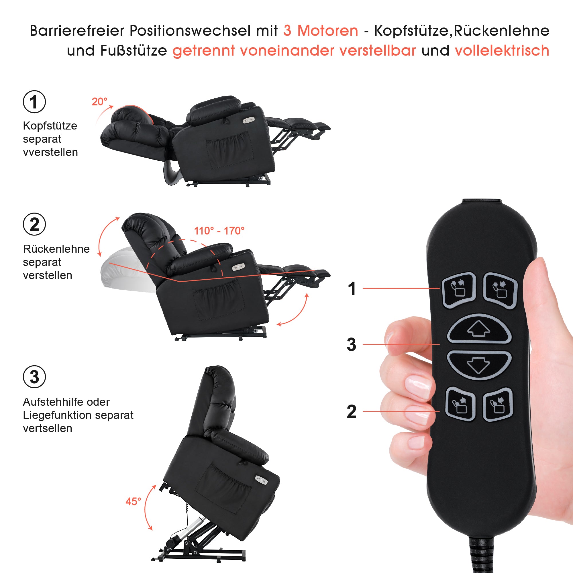elektrische relaxfauteuil met sta-op hulp, 3 motoren, ligstand, USB – foto 17