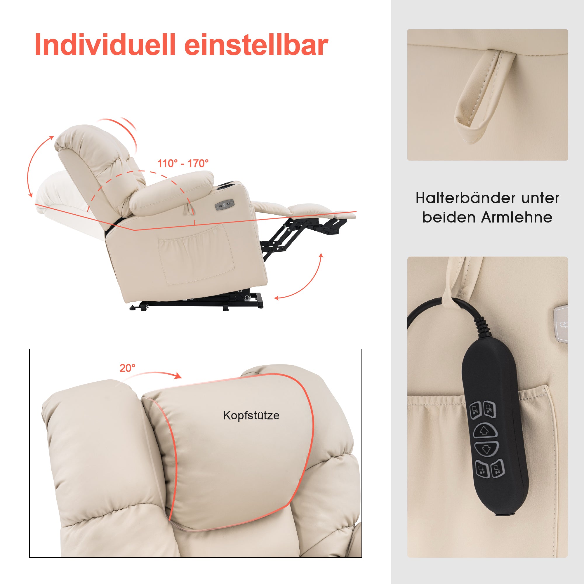 elektrische relaxfauteuil met sta-op hulp, 3 motoren, ligstand, USB – foto 30