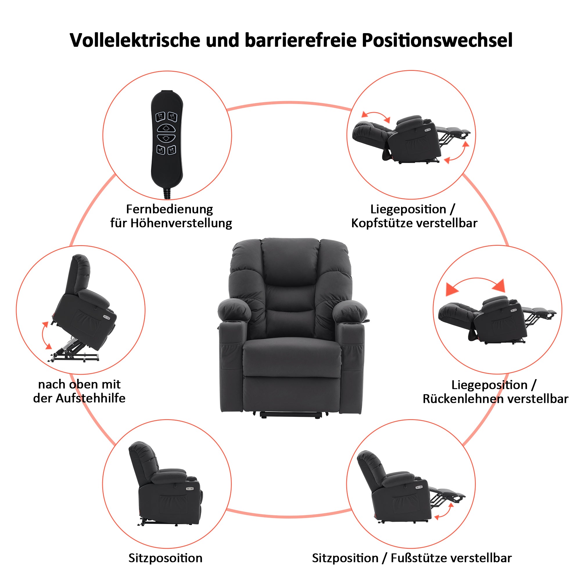 elektrische relaxfauteuil met sta-op hulp, 3 motoren, ligstand, USB – foto 4