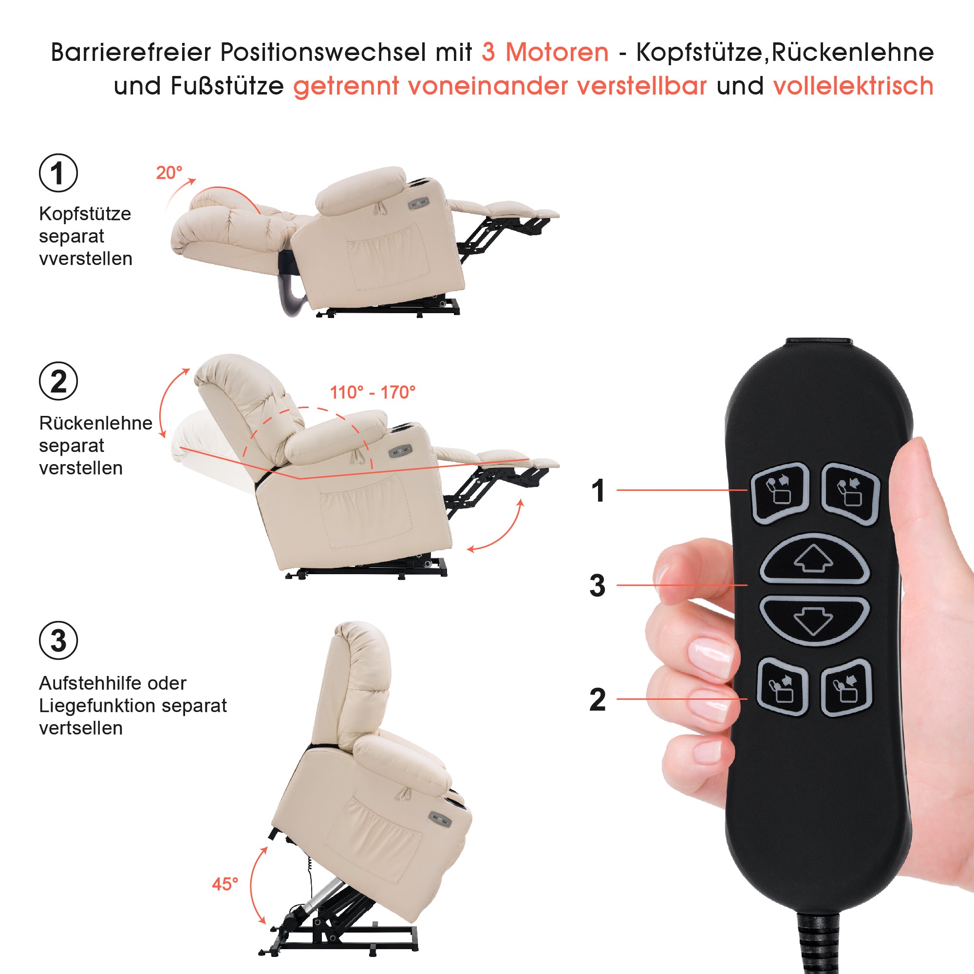 elektrische relaxfauteuil met sta-op hulp, 3 motoren, ligstand, USB – foto 32