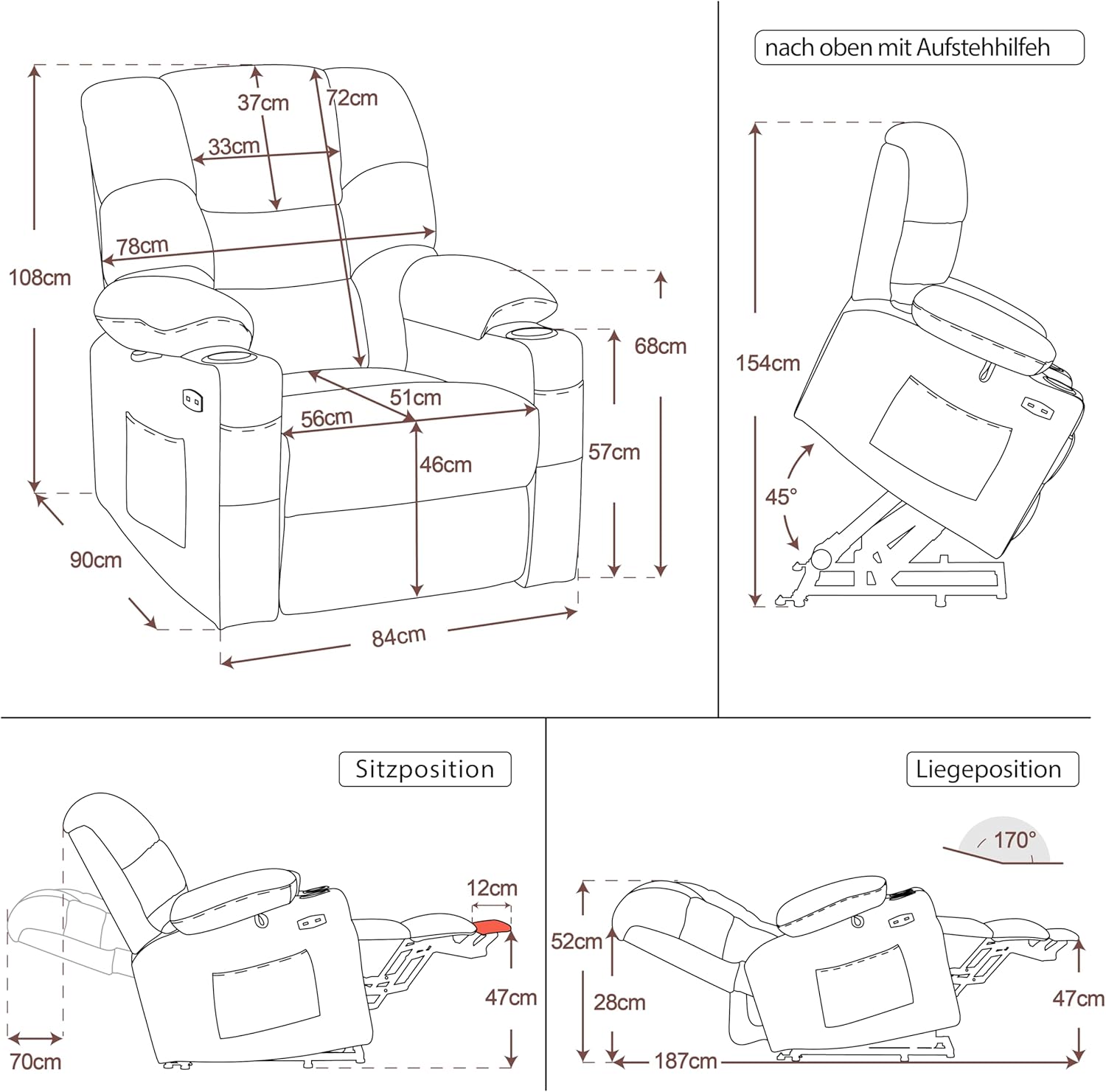elektrische relaxfauteuil met sta-op hulp, 3 motoren, ligstand, USB – foto 39