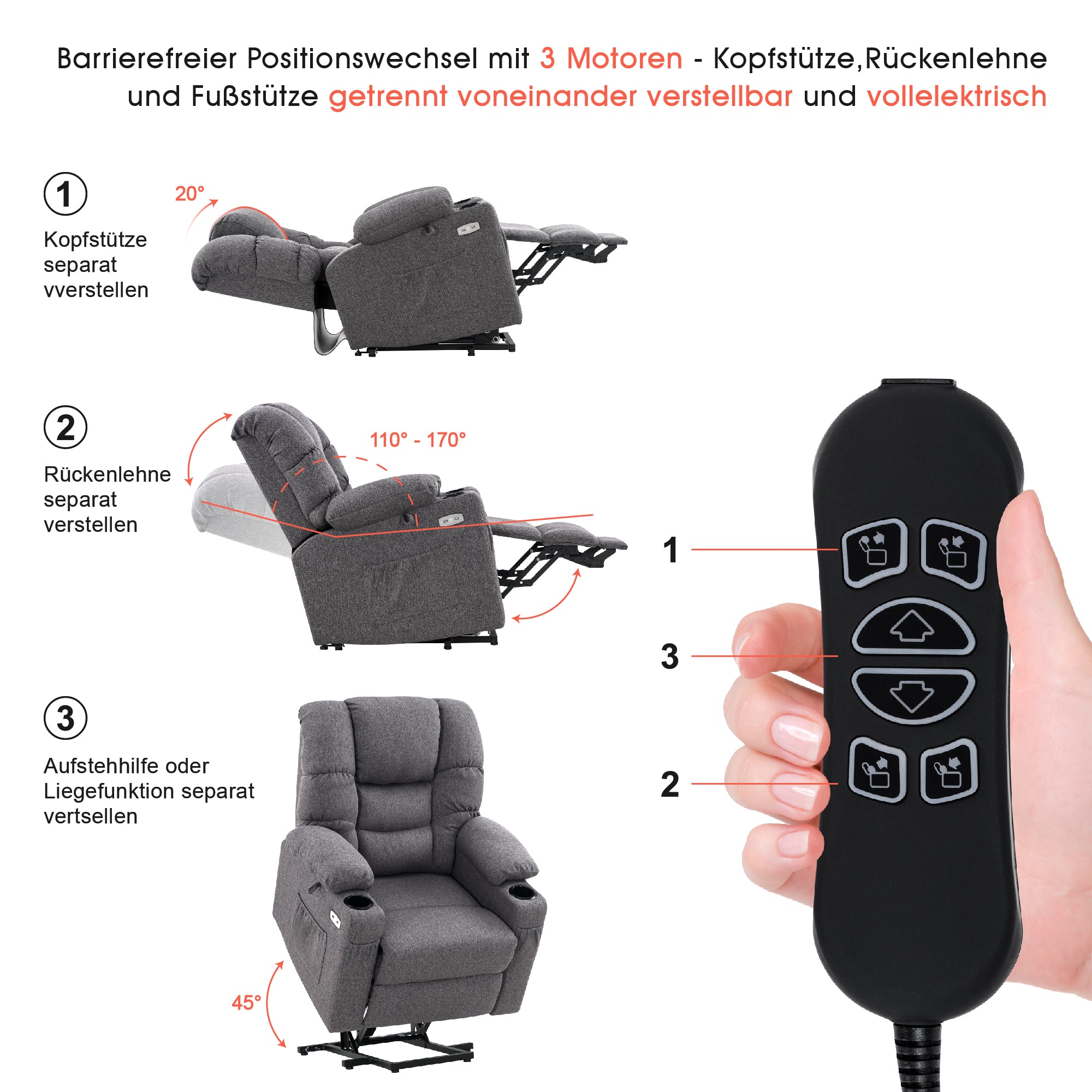 elektrische relaxfauteuil met sta-op hulp, 3 motoren, ligstand, USB – foto 43
