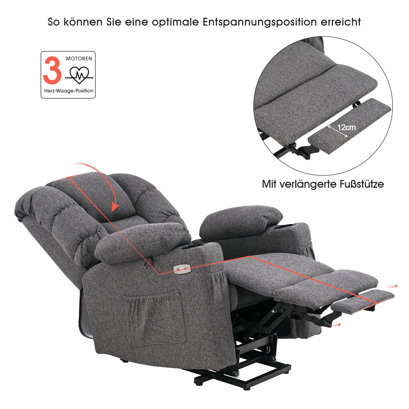 elektrische relaxfauteuil met sta-op hulp, 3 motoren, ligstand, USB – foto 44