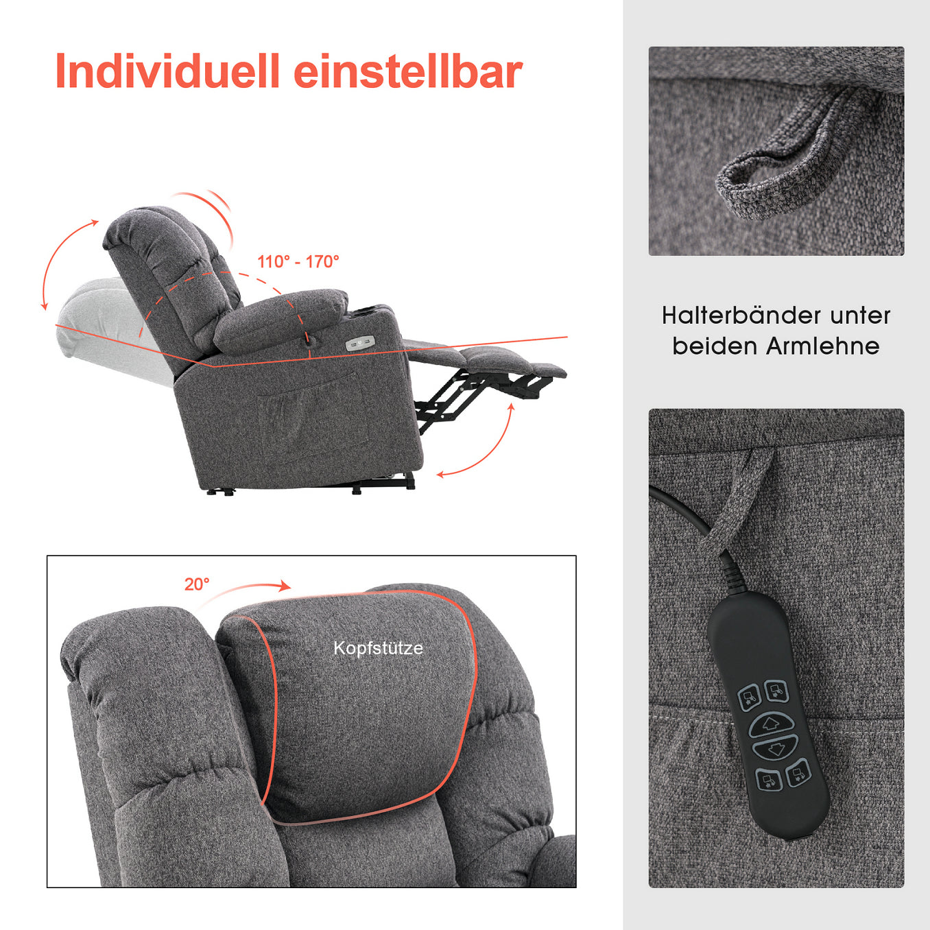 elektrische relaxfauteuil met sta-op hulp, 3 motoren, ligstand, USB – foto 45