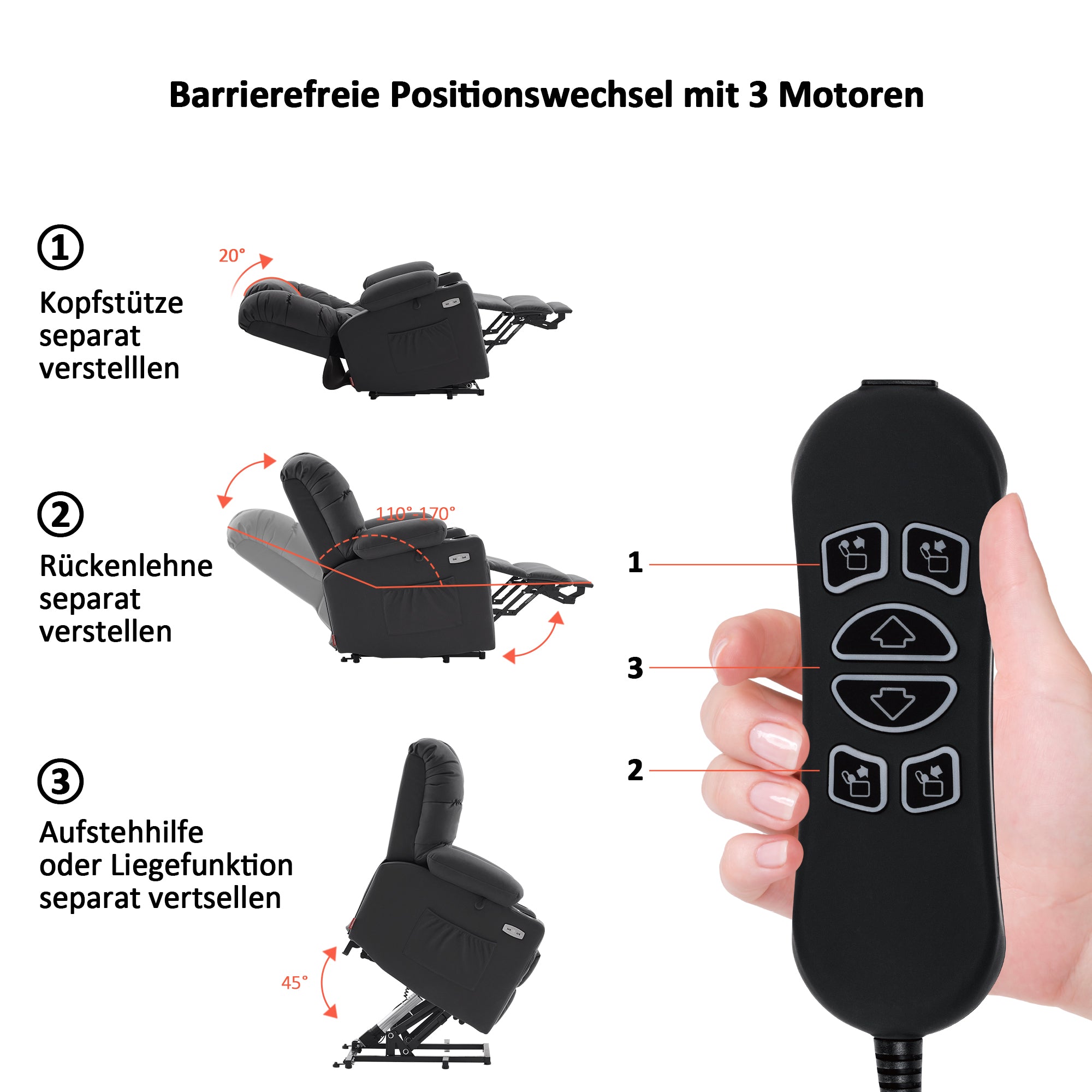 elektrische relaxfauteuil met sta-op hulp, 3 motoren, ligstand, USB – foto 7