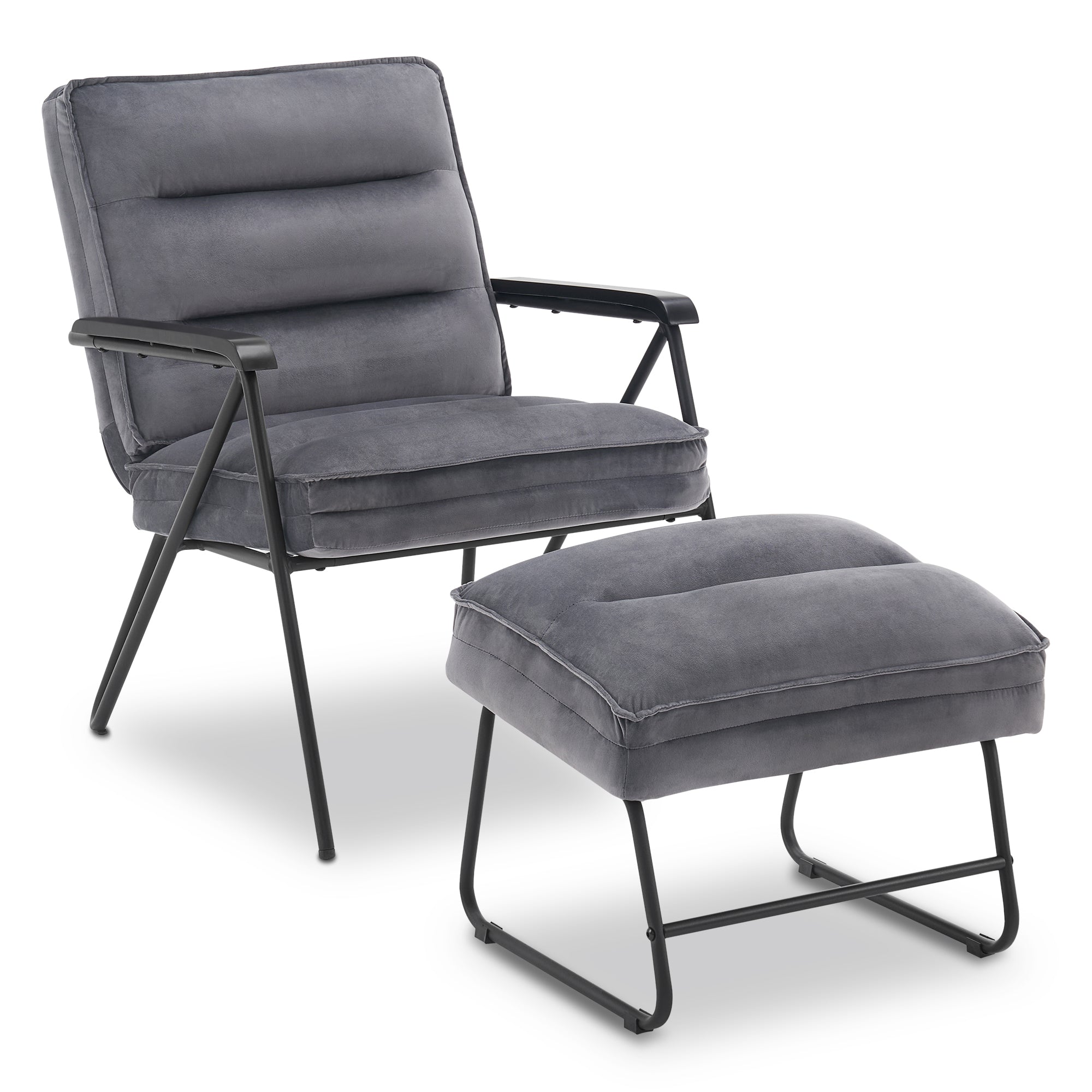 Grijze Relaxfauteuil met Hocker, Comfortabele Gestoffeerde Stoel, Samt – foto 1