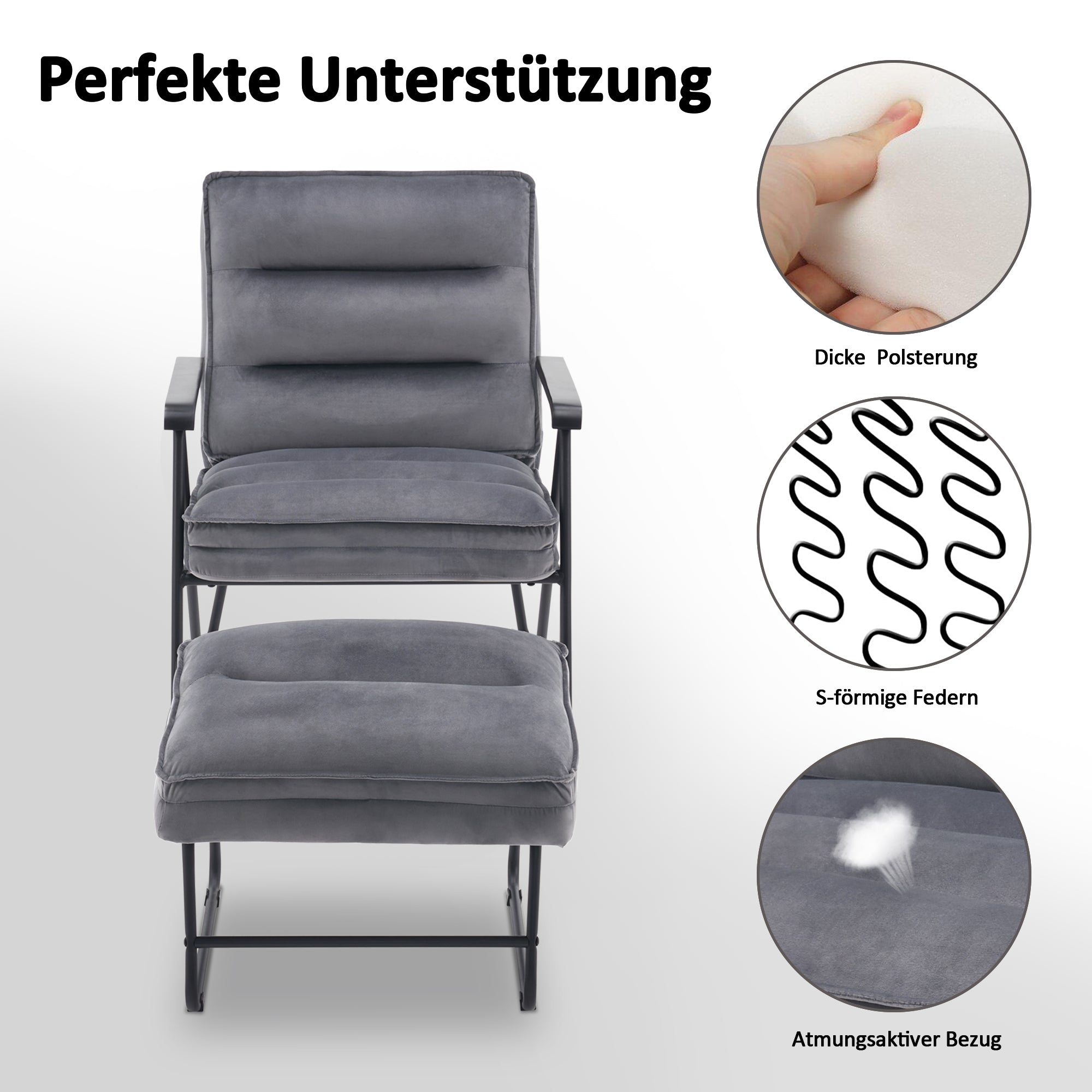 Grijze Relaxfauteuil met Hocker, Comfortabele Gestoffeerde Stoel, Samt – foto 2