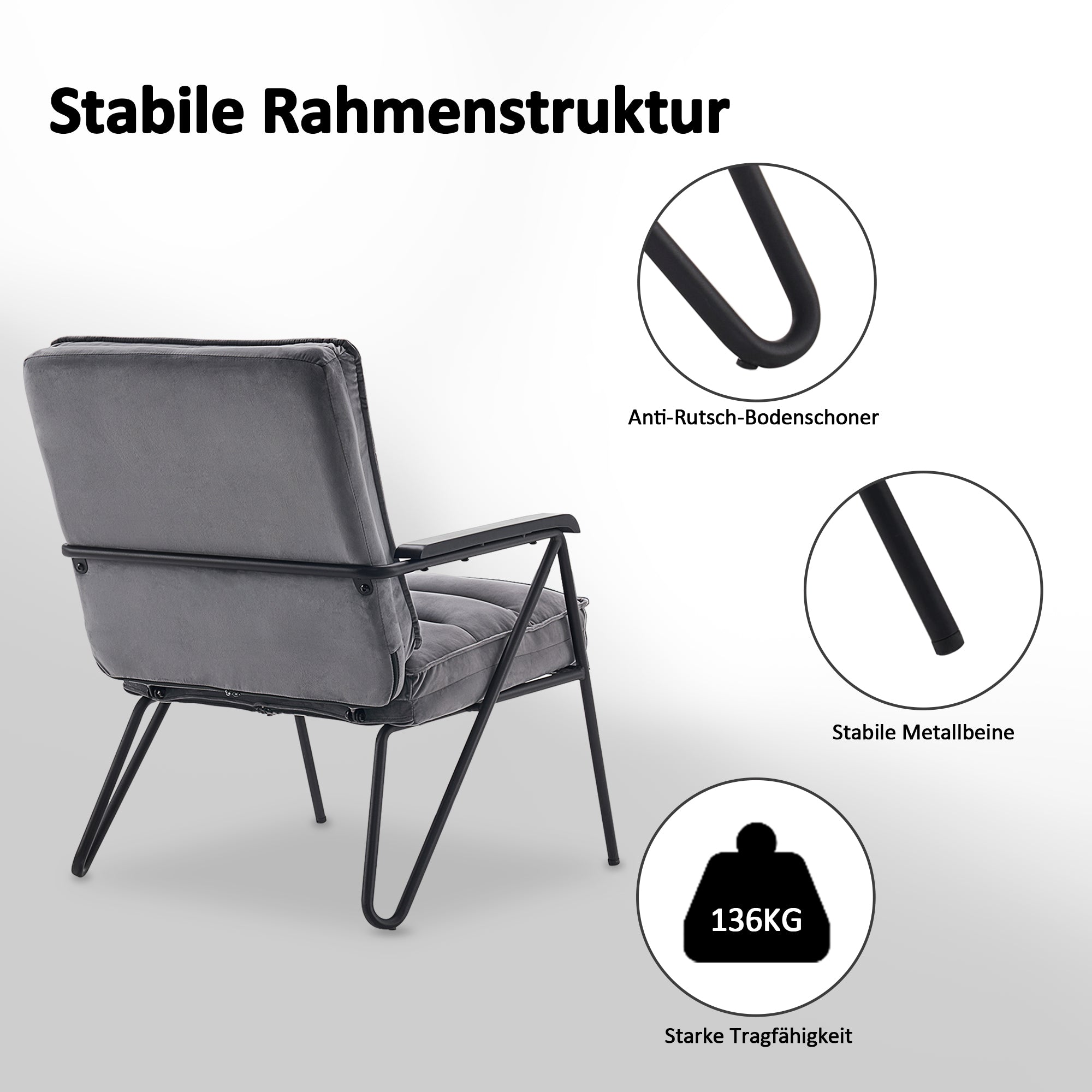 Grijze Relaxfauteuil met Hocker, Comfortabele Gestoffeerde Stoel, Samt – foto 11