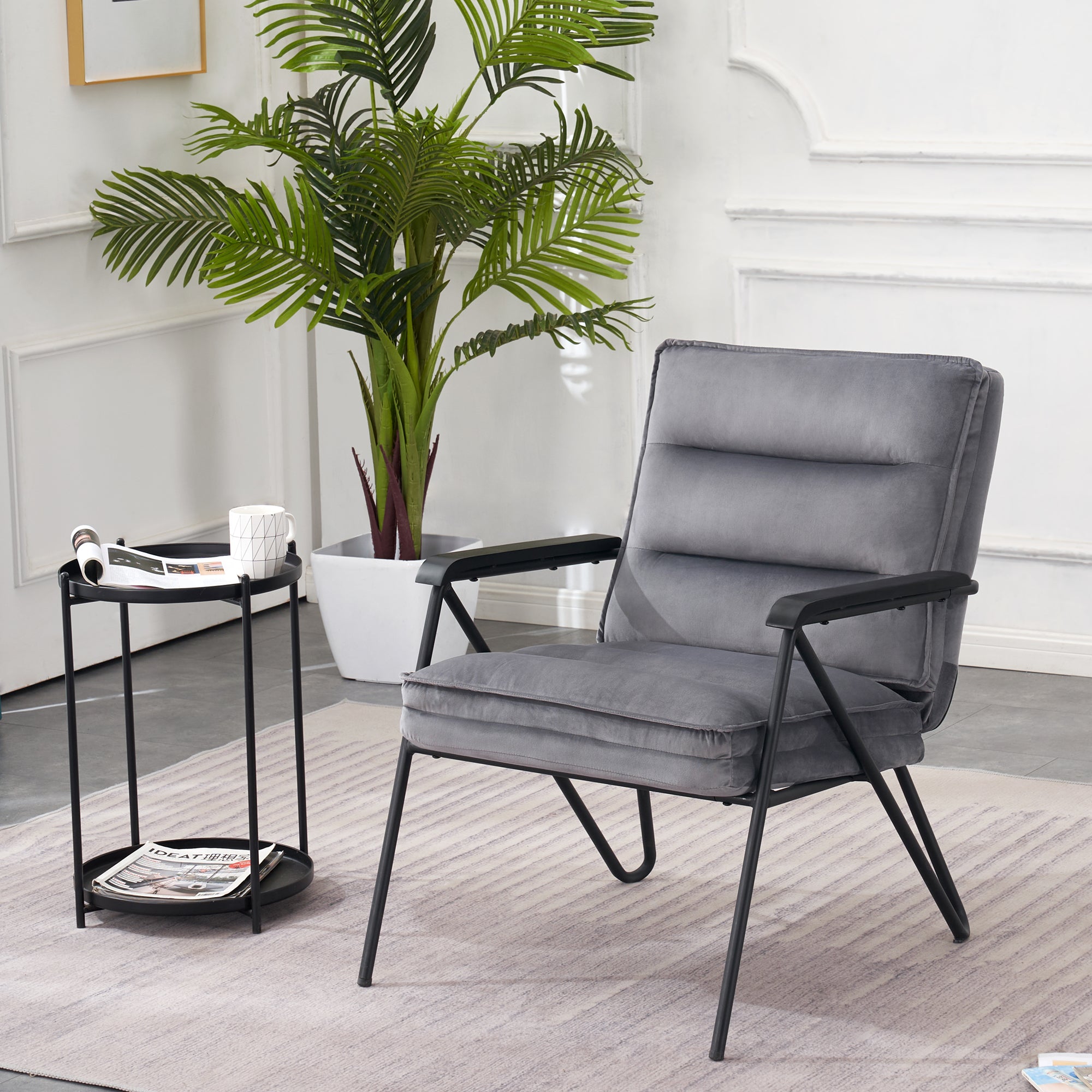 Grijze Relaxfauteuil met Hocker, Comfortabele Gestoffeerde Stoel, Samt – foto 13