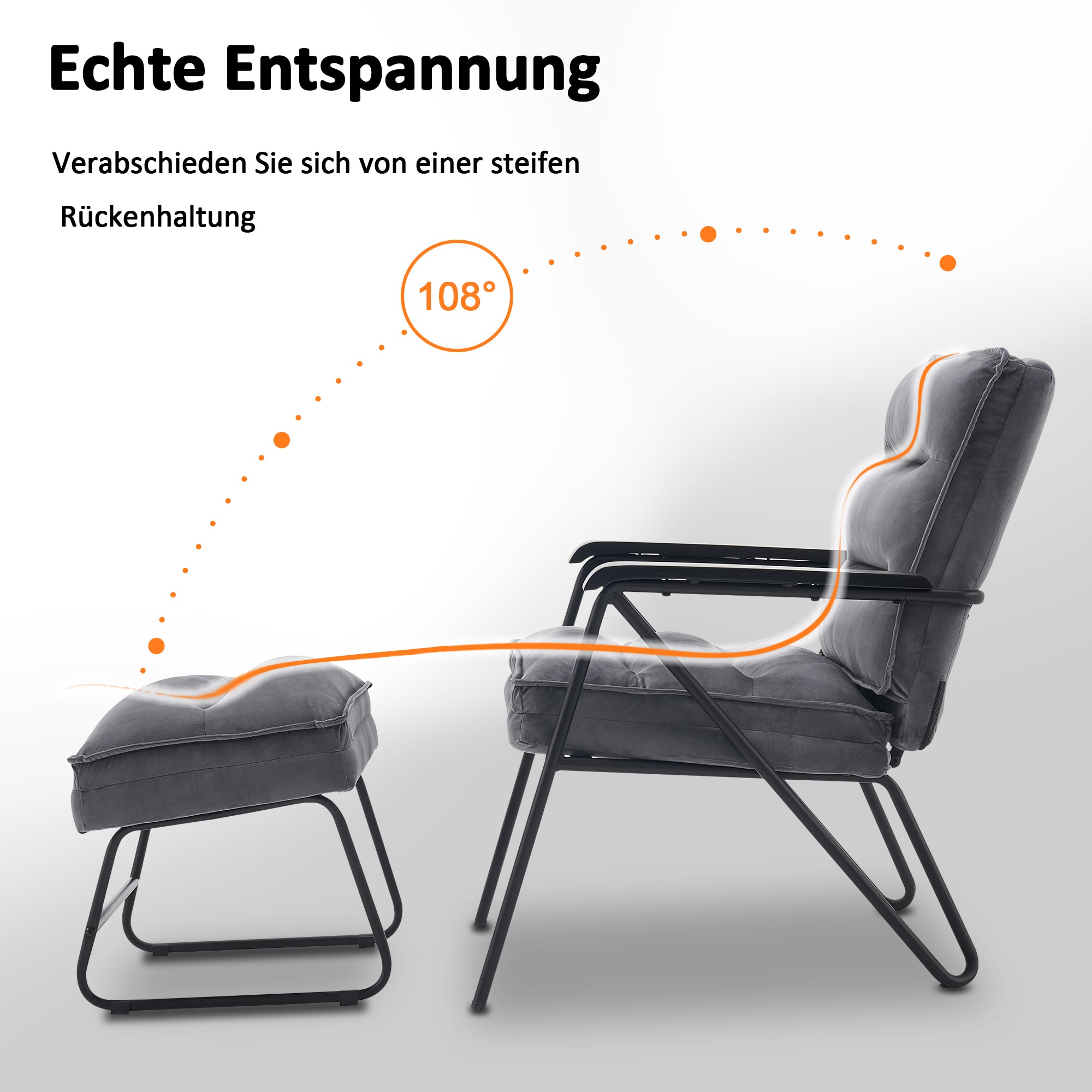 Grijze Relaxfauteuil met Hocker, Comfortabele Gestoffeerde Stoel, Samt – foto 3