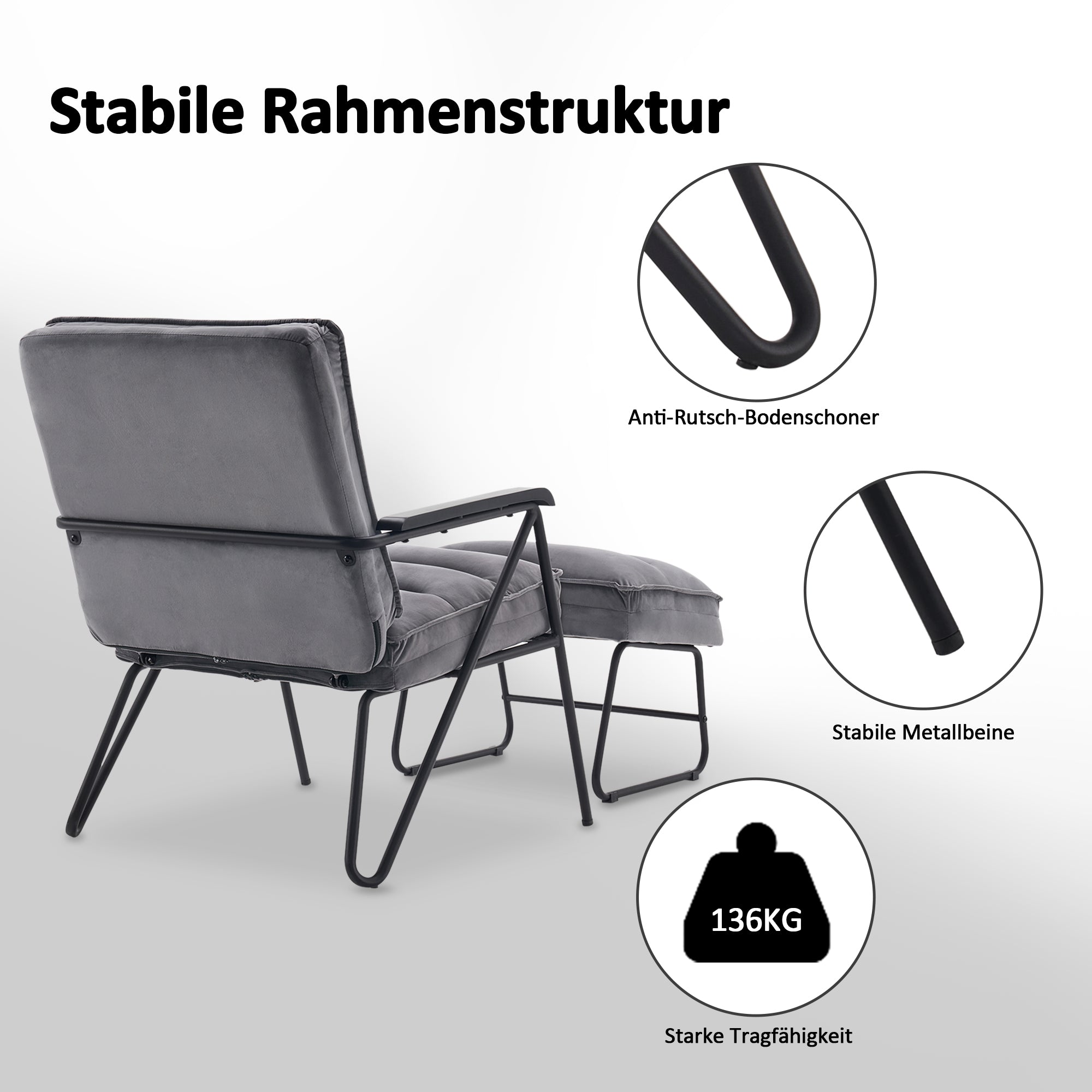 Grijze Relaxfauteuil met Hocker, Comfortabele Gestoffeerde Stoel, Samt – foto 4