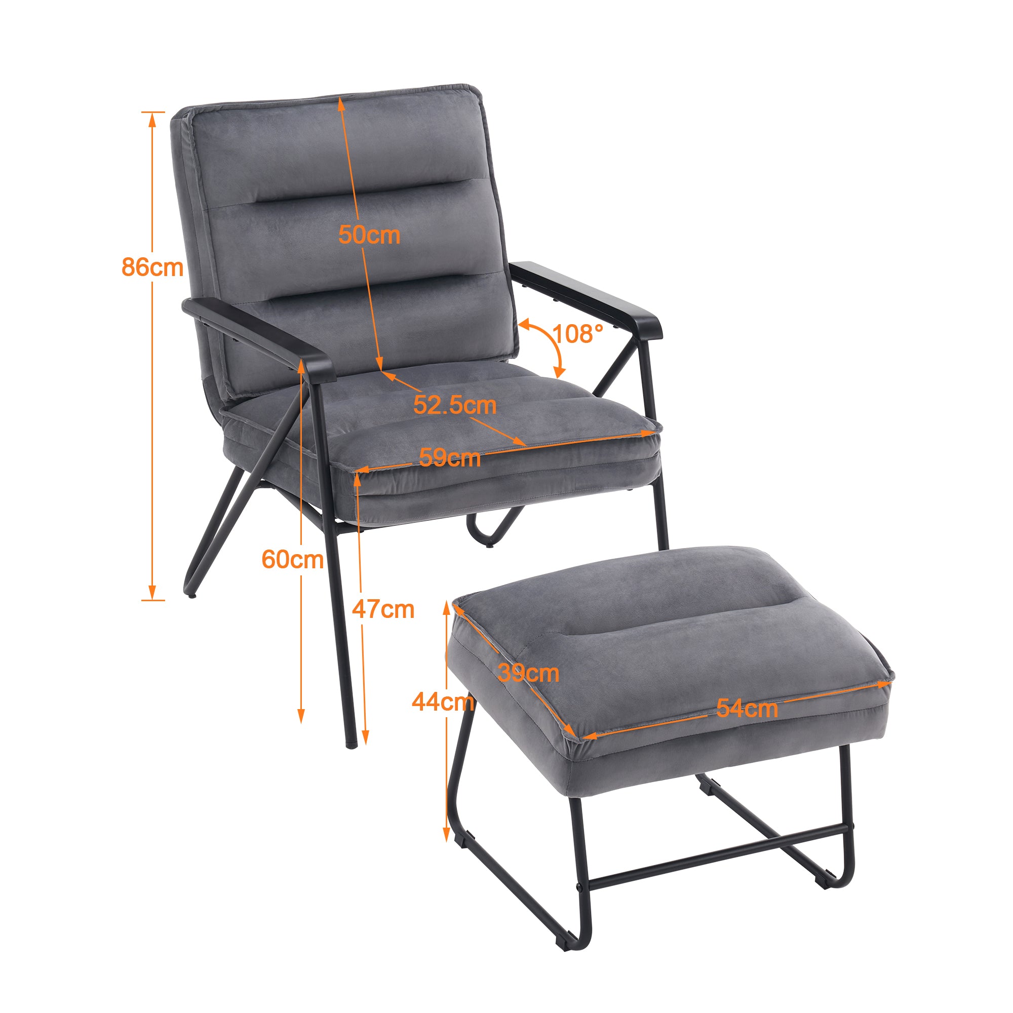 Grijze Relaxfauteuil met Hocker, Comfortabele Gestoffeerde Stoel, Samt – foto 6