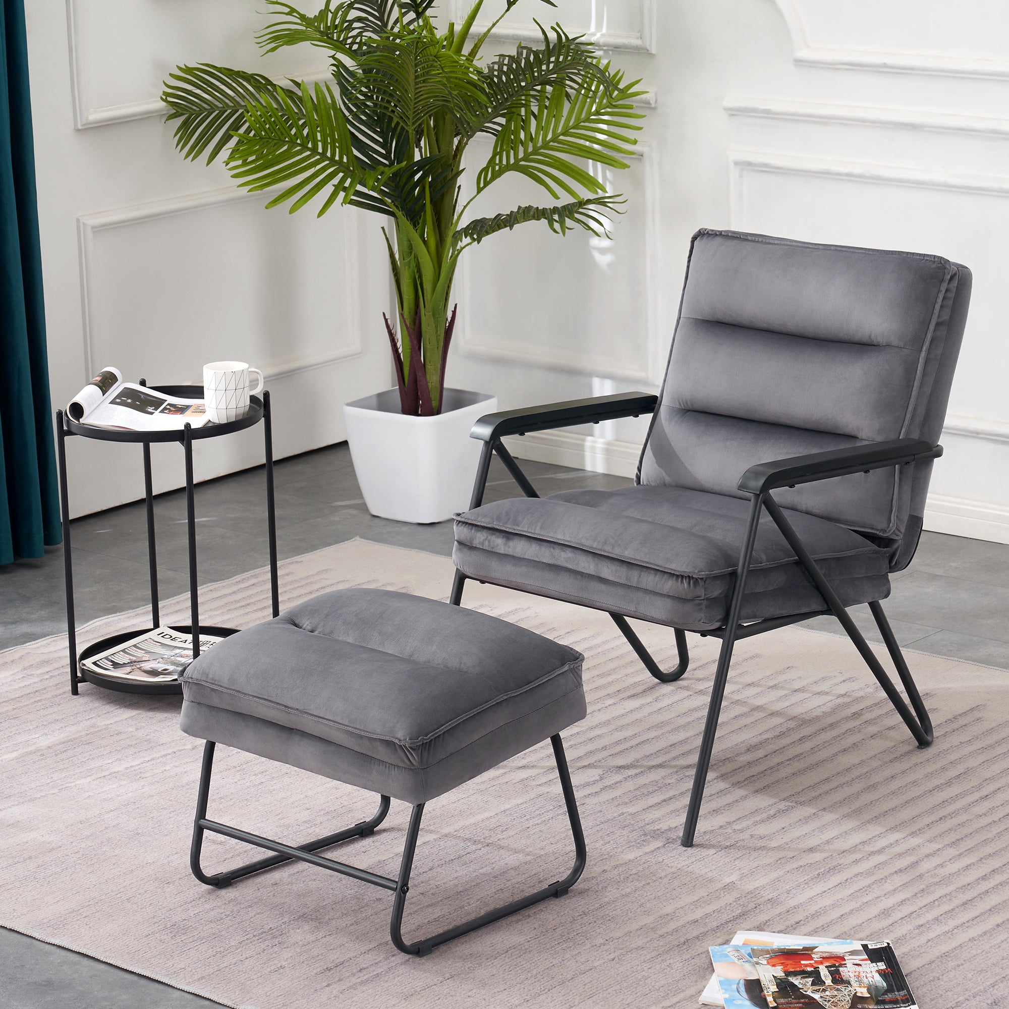 Grijze Relaxfauteuil met Hocker, Comfortabele Gestoffeerde Stoel, Samt – foto 7