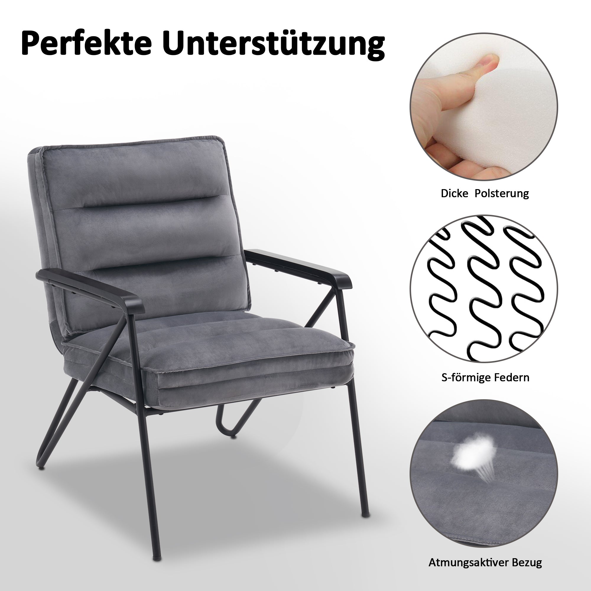 Grijze Relaxfauteuil met Hocker, Comfortabele Gestoffeerde Stoel, Samt – foto 9