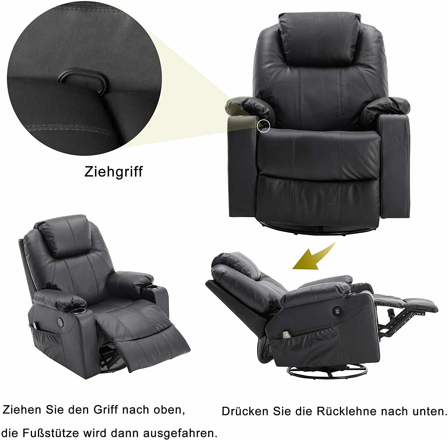 Massagestoel Relaxfauteuil Draai+Schommel handmatig verstelbaar Echtleer 7050 – foto 5