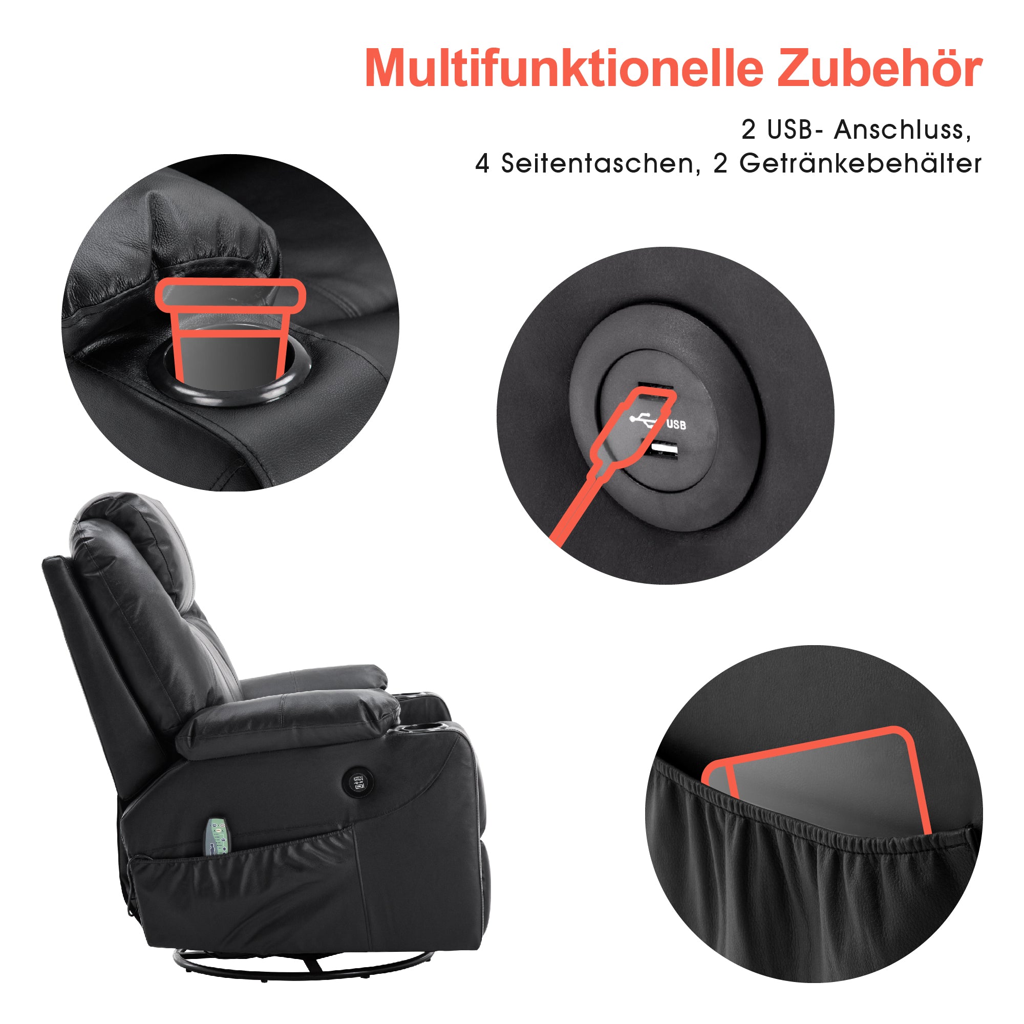 Massagestoel Relaxfauteuil Draai+Schommel handmatig verstelbaar Echtleer 7050 – foto 6