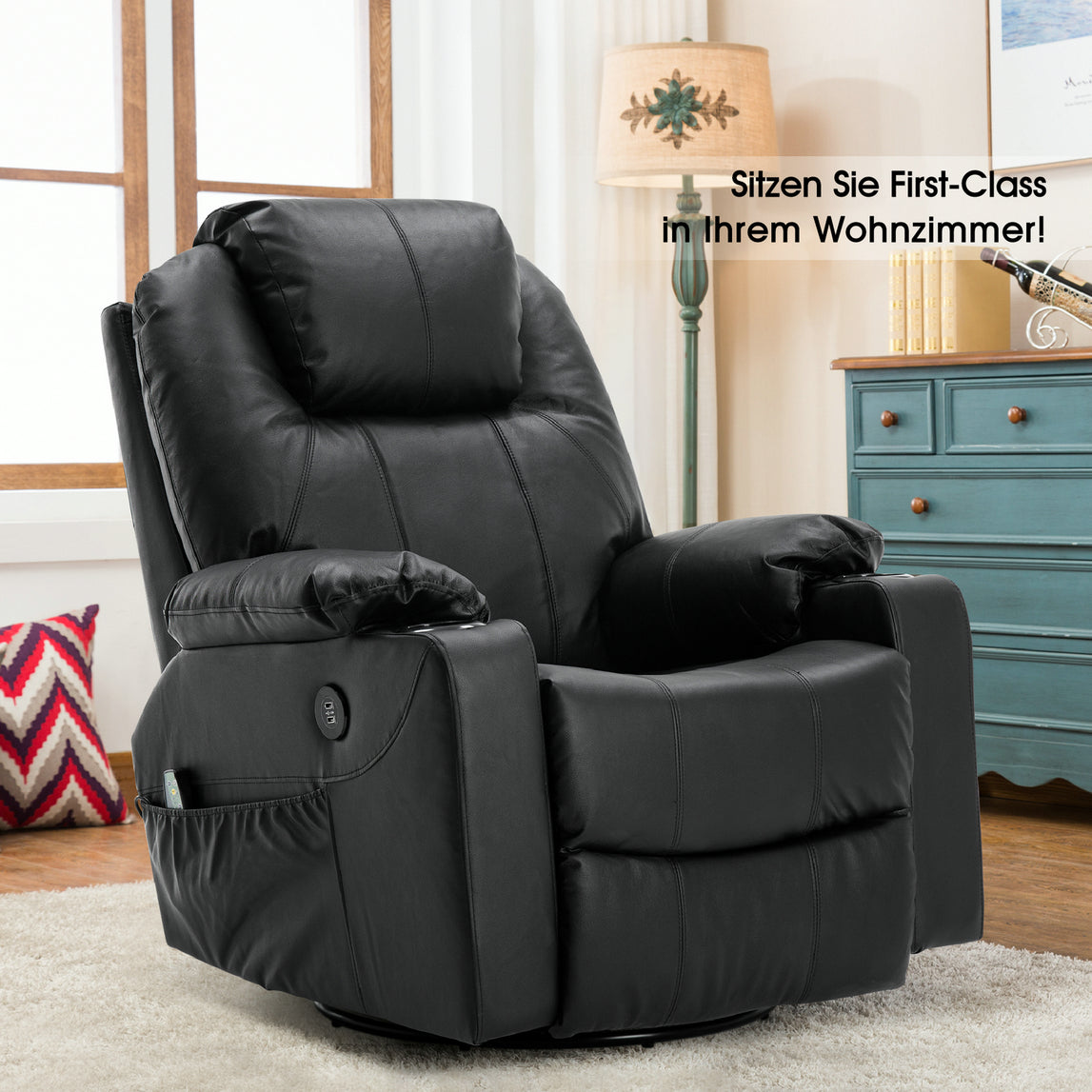 Massagestoel Relaxfauteuil Draai+Schommel handmatig verstelbaar Echtleer 7050 – foto 9