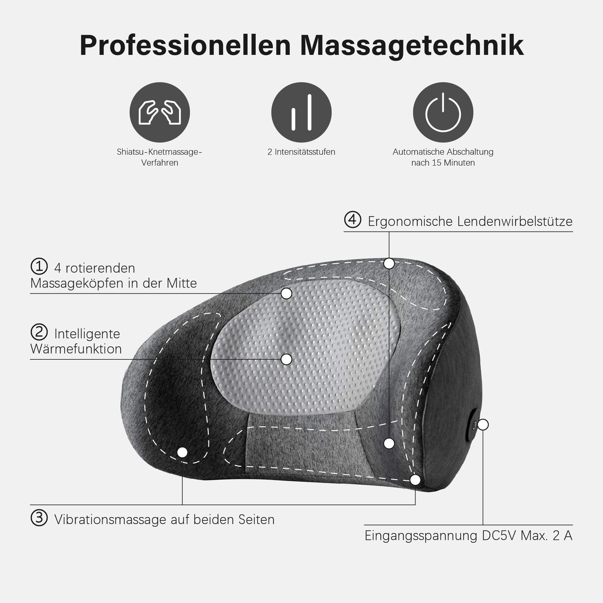 Shiatsu massagekussen, ergonomisch, draadloos oplaadbaar met warmtefunctie – foto 2