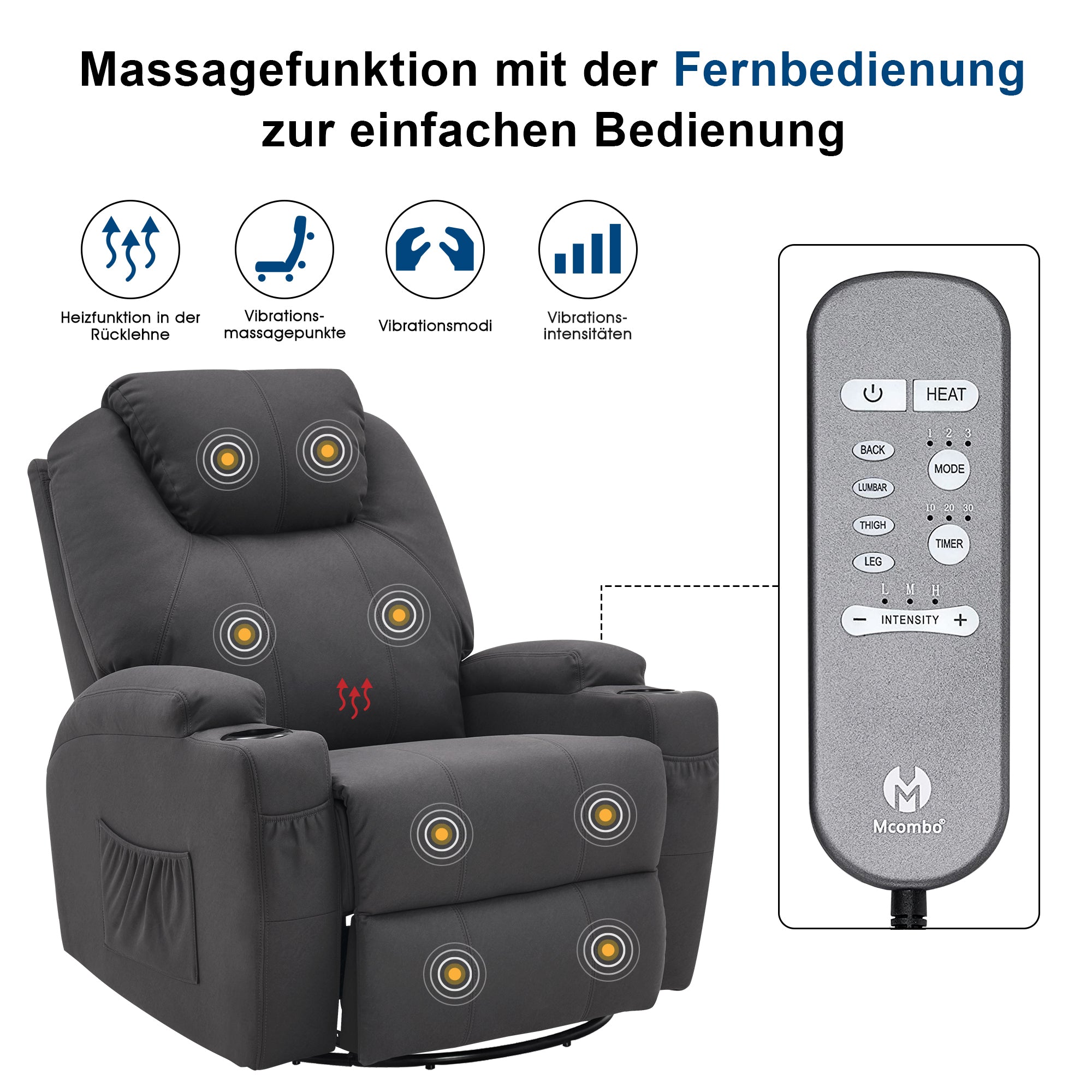Massagestoel Relaxfauteuil 7020, verwarmd, 360° draaibaar, schommel, handmatig verstelbaar – foto 12