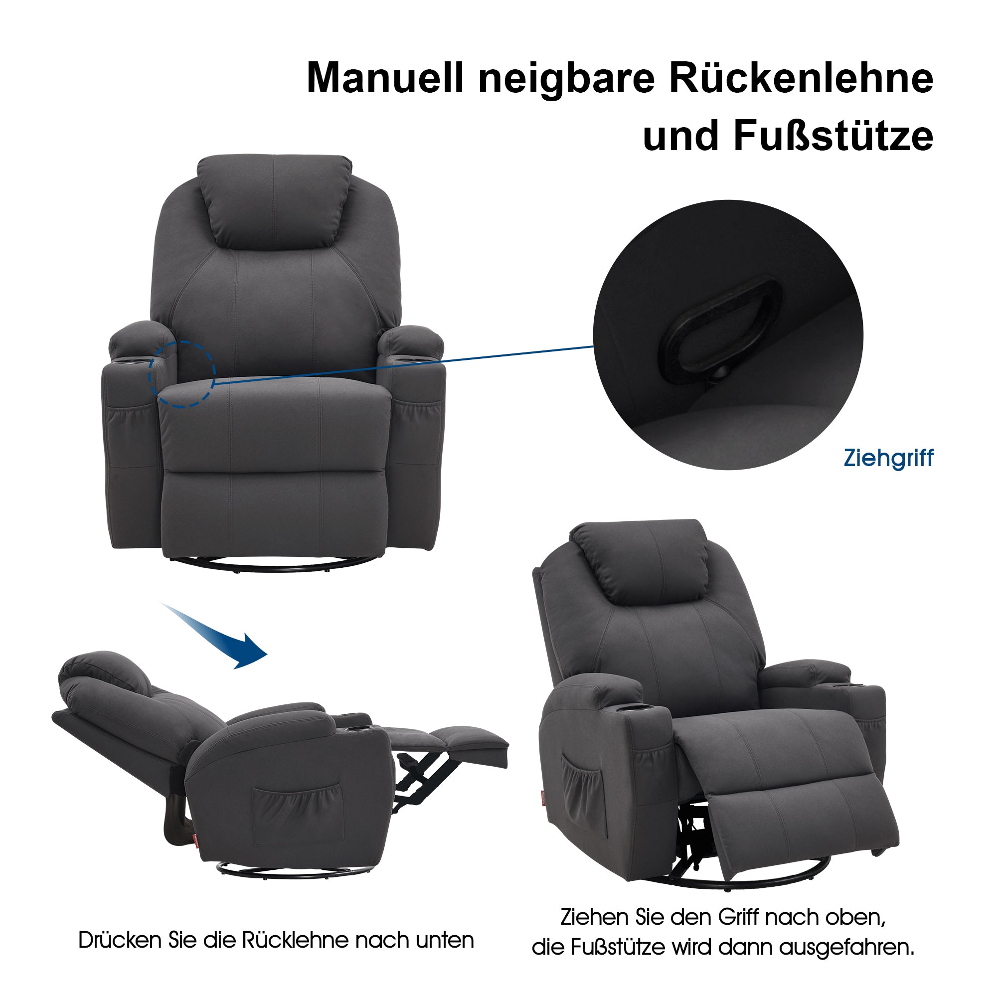 Massagestoel Relaxfauteuil 7020, verwarmd, 360° draaibaar, schommel, handmatig verstelbaar – foto 13
