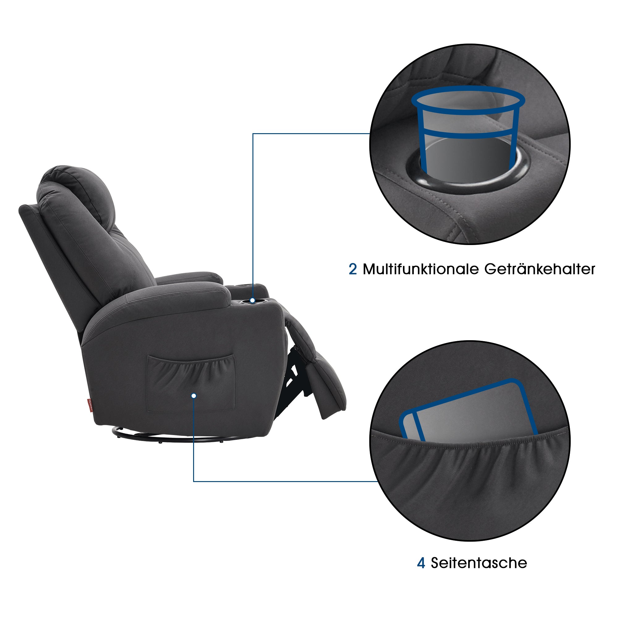 Massagestoel Relaxfauteuil 7020, verwarmd, 360° draaibaar, schommel, handmatig verstelbaar – foto 14